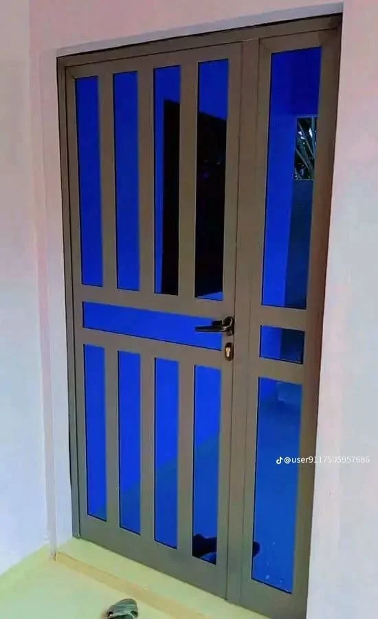 Une porte en acier gris avec des fenêtres en verre teinté bleu, installée dans un mur blanc.