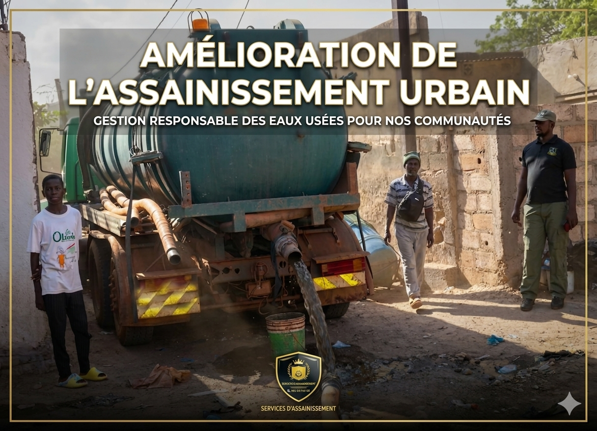 Camion-citerne déversant de l'eau dans une rue en zone urbaine, avec plusieurs personnes autour, dans le cadre d'un programme d'amélioration de l'assainissement urbain.