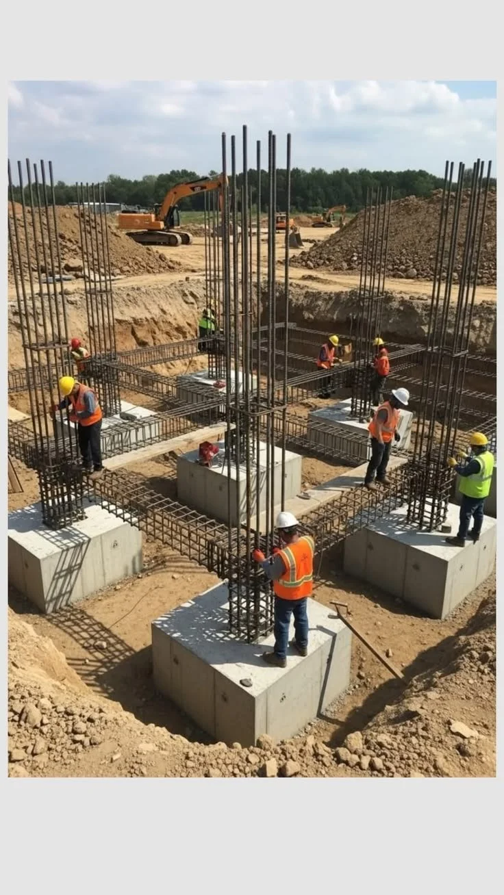 Travaux de construction avec des ouvriers portant des casques et des gilets de sécurité, en train de positionner du renforcement en acier sur des fondations en béton, avec une excavatrice en arrière-plan.