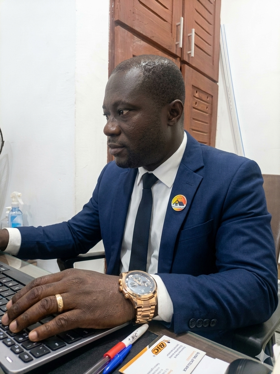 Un homme d'affaires africain en costume bleu, portant une montre en or, travaille sur un ordinateur portable. Il porte un badge en forme d'arc-en-ciel avec des drapeaux et une emblème BIC sur la veste.