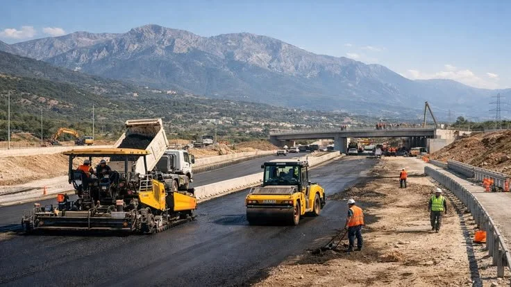 Travaux de construction de route avec des machines et des ouvriers sur un site routier, montagnes en arrière-plan