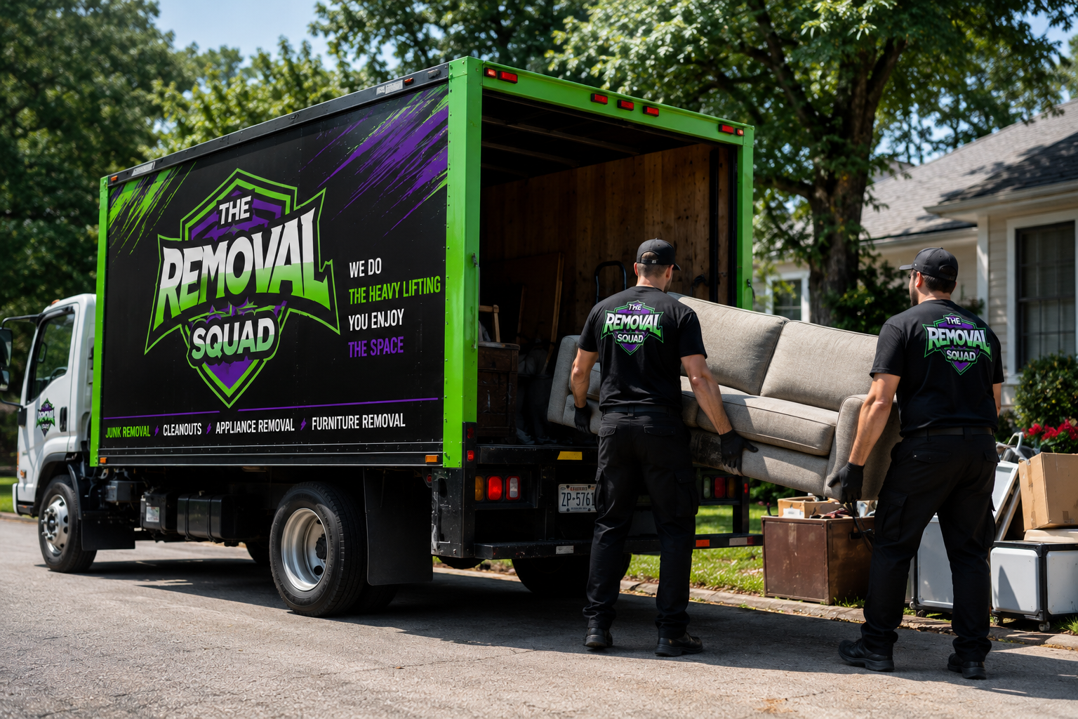 Two movers loading a beige sofa onto a removal truck with branding for 'The Removal Squad'. The truck is parked on a residential street with green trees and a house in the background.