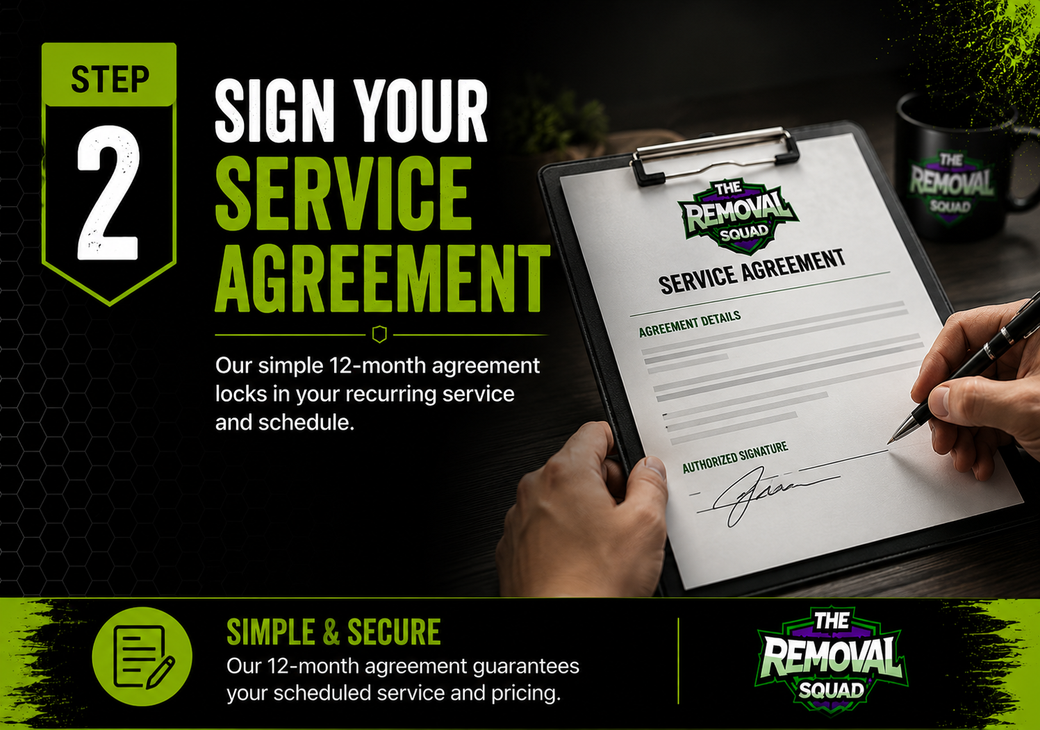 A promotional graphic encouraging signing a service agreement, featuring a clipboard with a signed document, the logo 'The Removal Squad', and text highlighting a 12-month service contract for scheduled service and pricing.