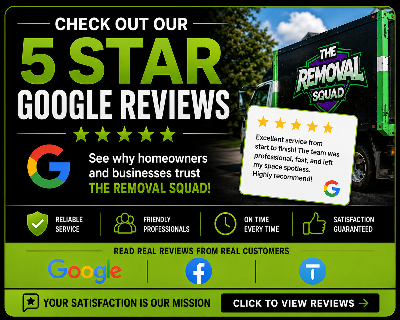 Advertisement for The Removal Squad, a cleaning service, emphasizing five-star reviews on Google, Facebook, and Trustpilot, with customer satisfaction and professional service icons, and a sample positive review.