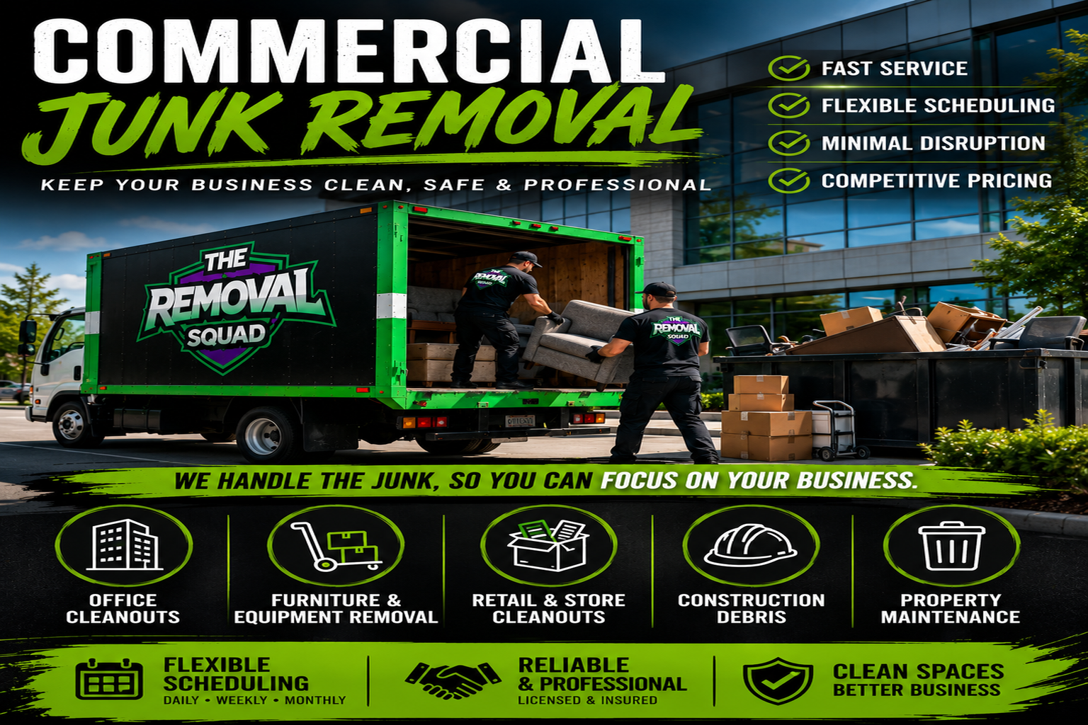 A truck from The Removal Squad being loaded with furniture outside a modern building, with banners advertising commercial junk removal services, including office cleanouts, furniture removal, retail cleanouts, construction debris, and property maintenance.