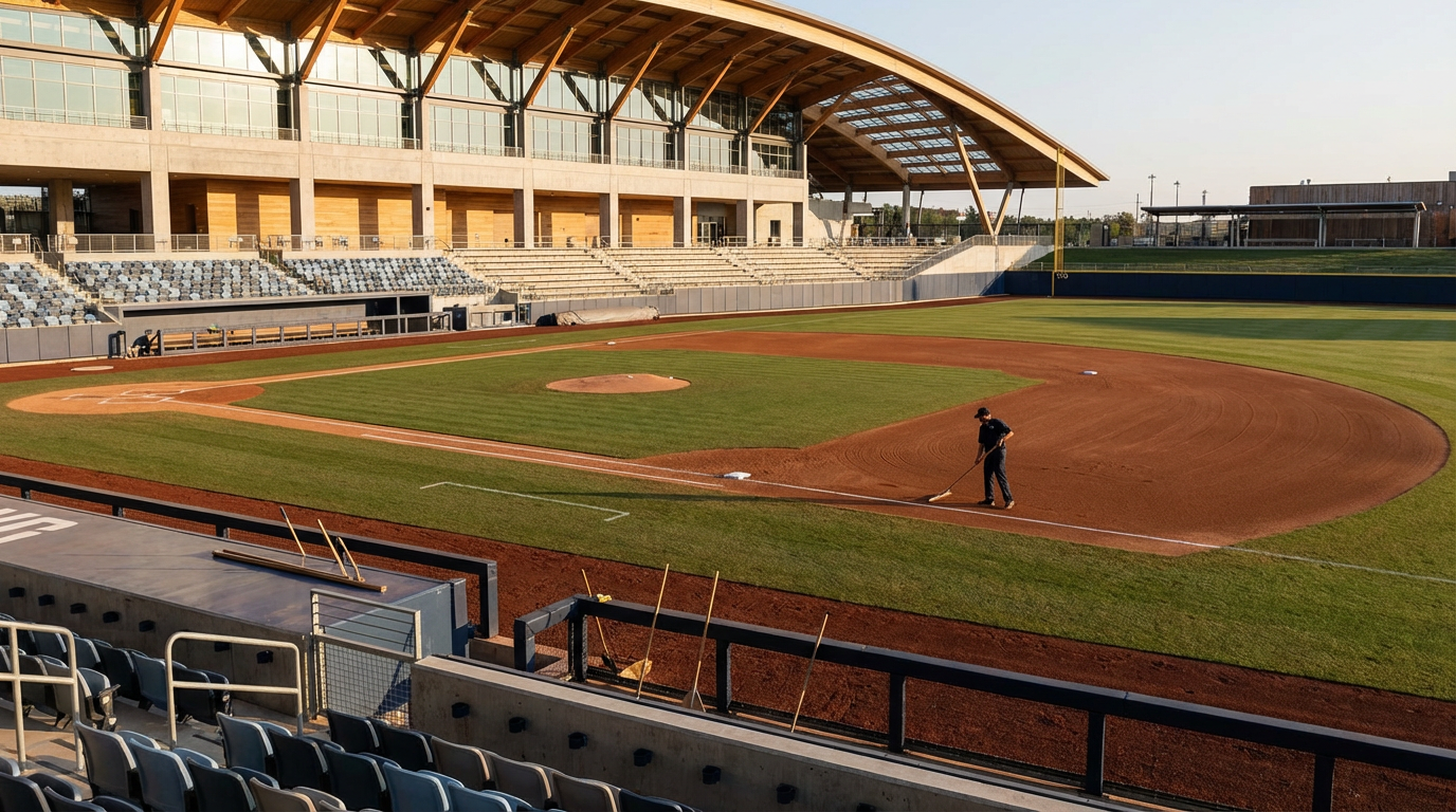 A worker is preparing the baseball field on a sunny day, raking the dirt around home plate. The stadium features modern architecture with large glass windows and a wooden roof structure.