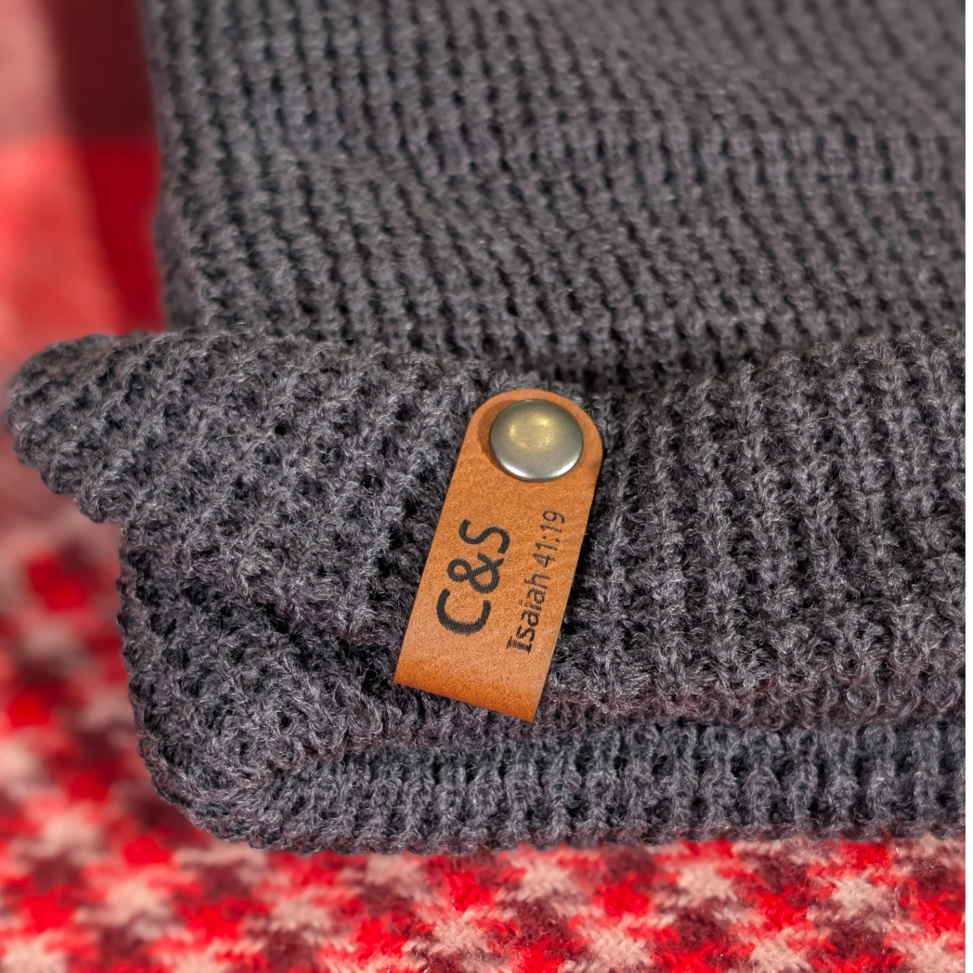 Hidden Isaiah 41:19 Scripture tag inside Pine Christian beanie