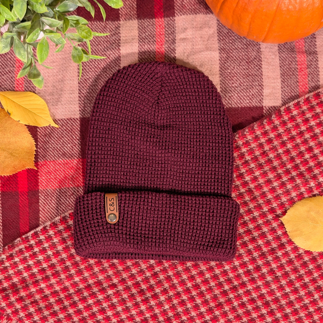 Burgundy waffle knit Christian beanie with Crown and Sparrows leather tag
