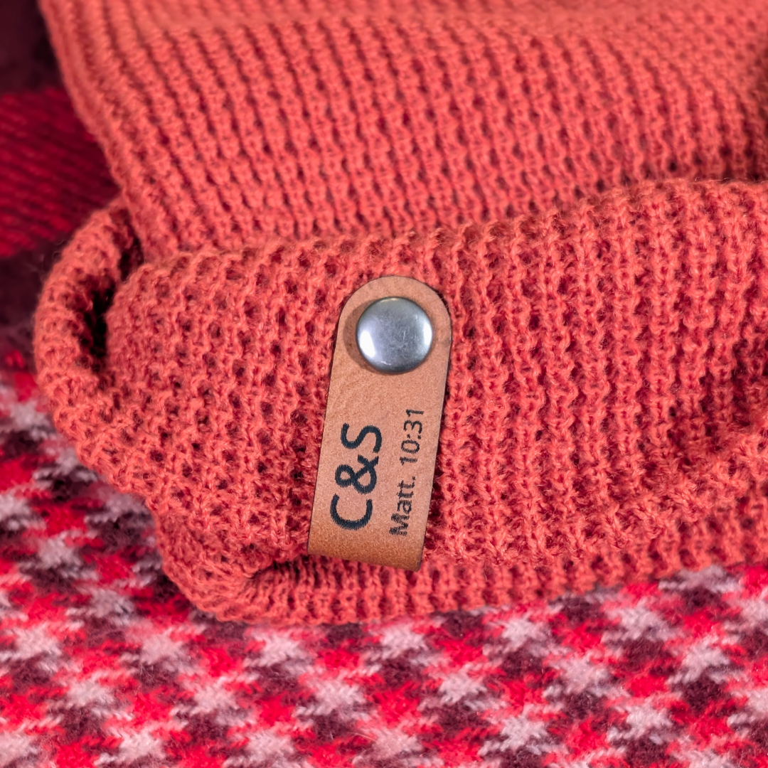 Hidden Matthew 10:31 Scripture tag inside Sparrow Christian beanie