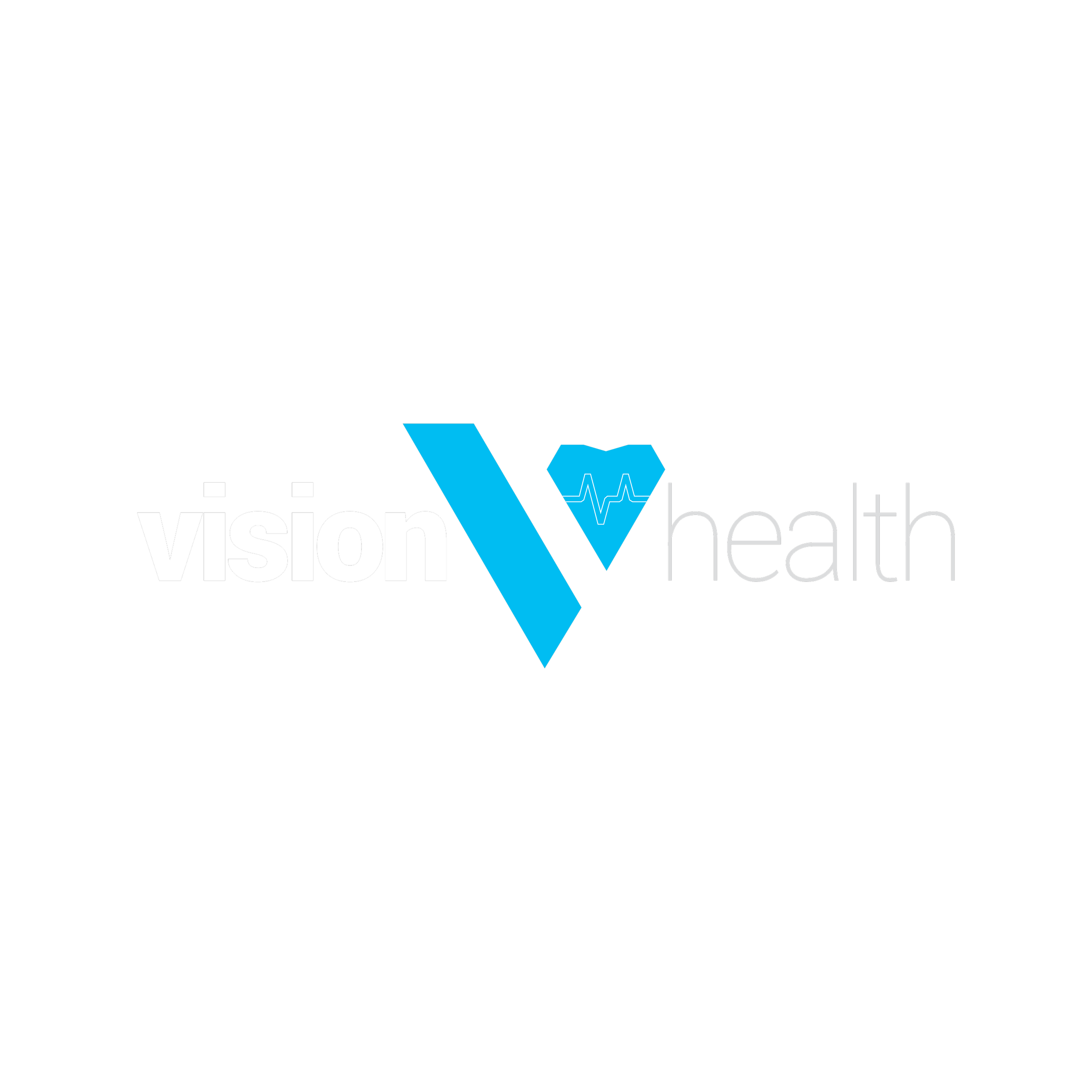 A logo for VisionVhealth with the words 'vision' in white and 'health' in gray, and a stylized blue 'V' with a heartbeat line.
