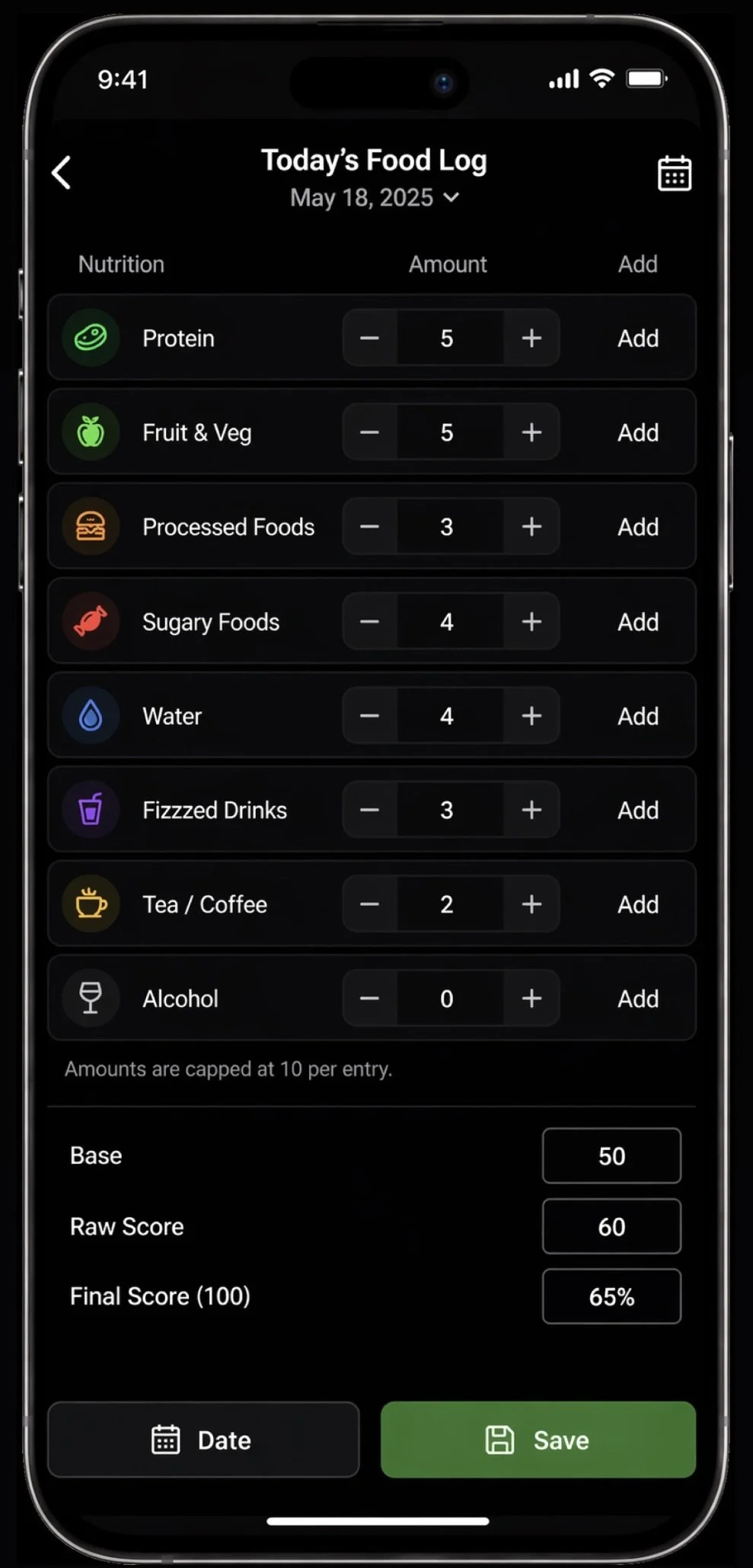 A smartphone screen displaying a food log app with various categories like Protein, Fruit & Veg, Processed Foods, Sugary Foods, Water, Fizzed Drinks, Tea / Coffee, and Alcohol, including quantities and options to adjust amounts, all dated May 18, 2025.