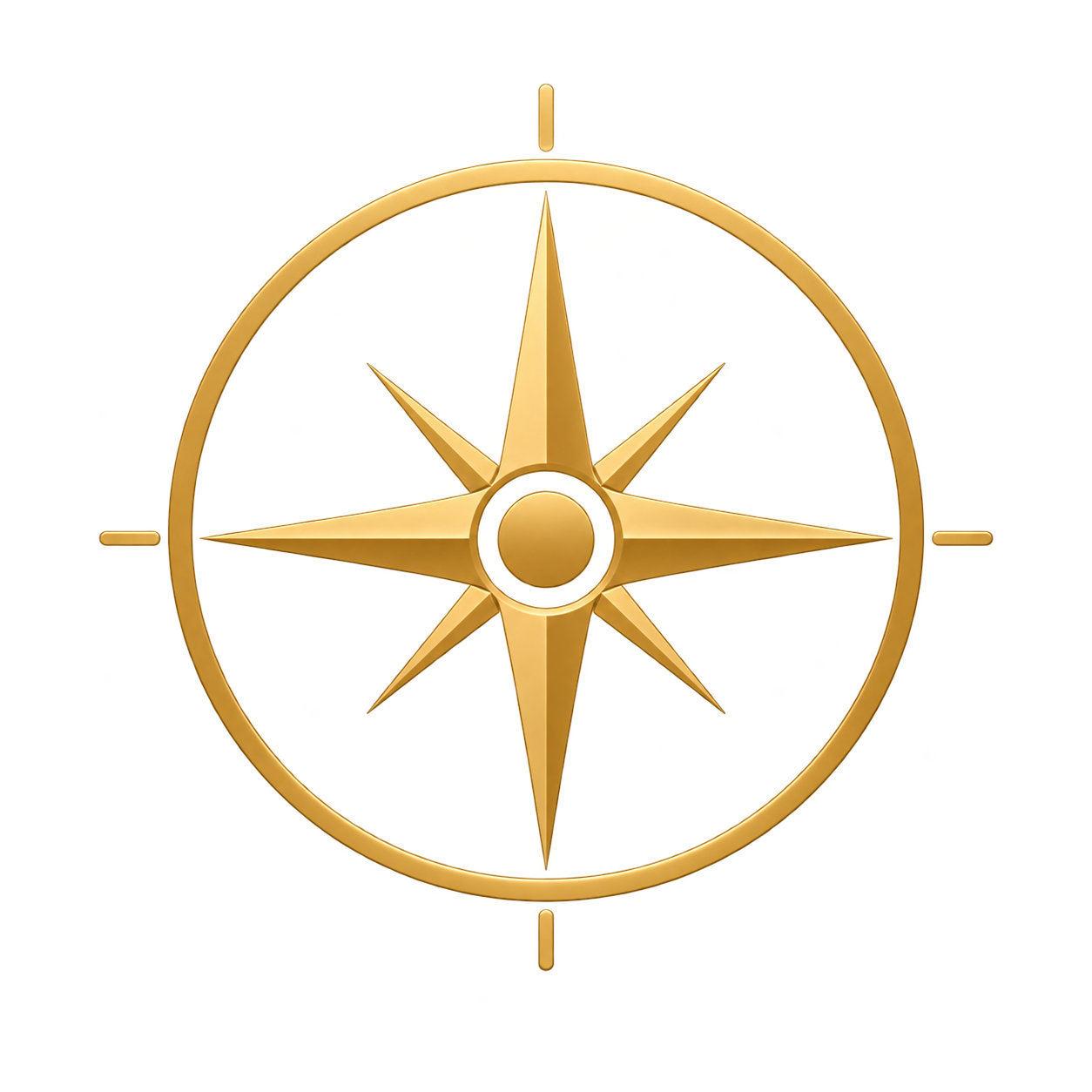 Gold compass rose with eight points, centered on a black background.