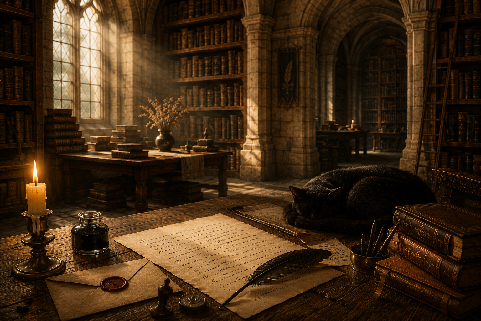 Old library room with stone walls, large arched windows with sunlight shining through, wooden tables, stacks of books, a black cat sleeping on a table, candles, ink bottle, quill, and parchment on a wooden desk.