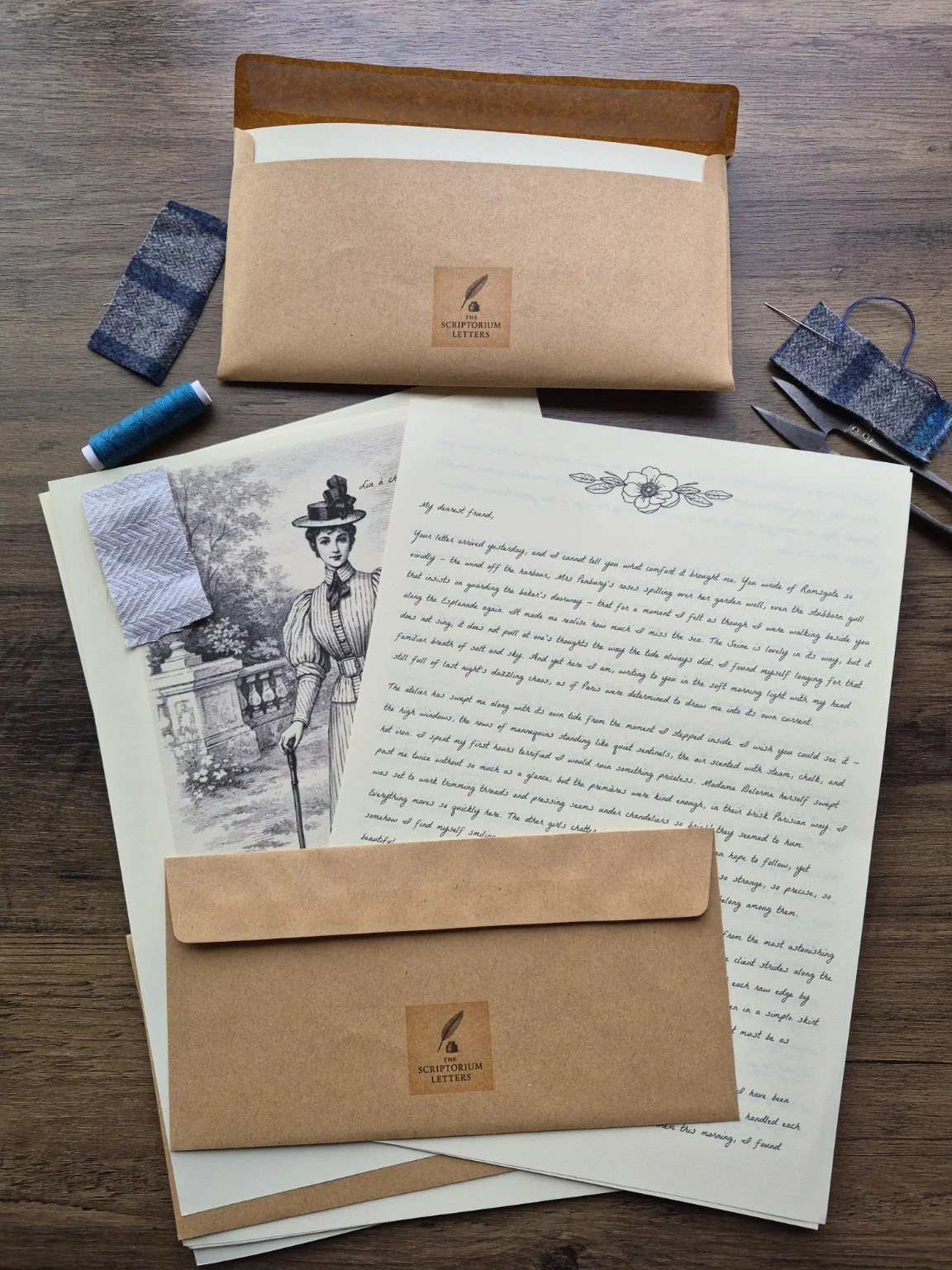 Collection of vintage stationery items including handwritten letter, illustrations, envelopes, sewing tools, and fabric swatches on a wooden surface.