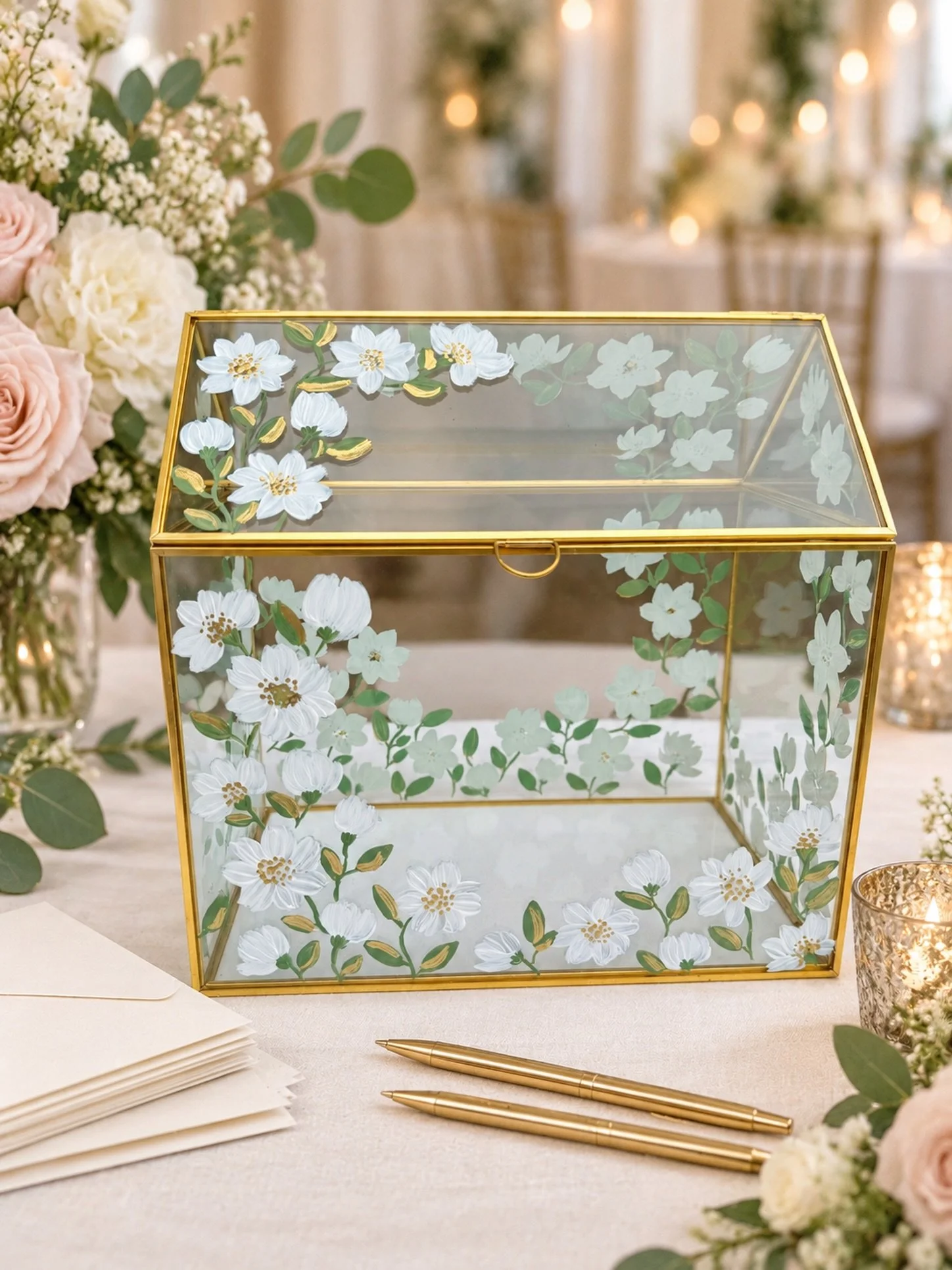 ✨ NIEUW bij Studio Twinkle &amp; Bloom

Een bijzondere plek voor alle lieve woorden, kaarten en wensen van jullie gasten.

Deze glazen enveloppendoos wordt volledig met de hand beschilderd en speciaal voor jullie ontworpen. Van verfijnde florals tot 