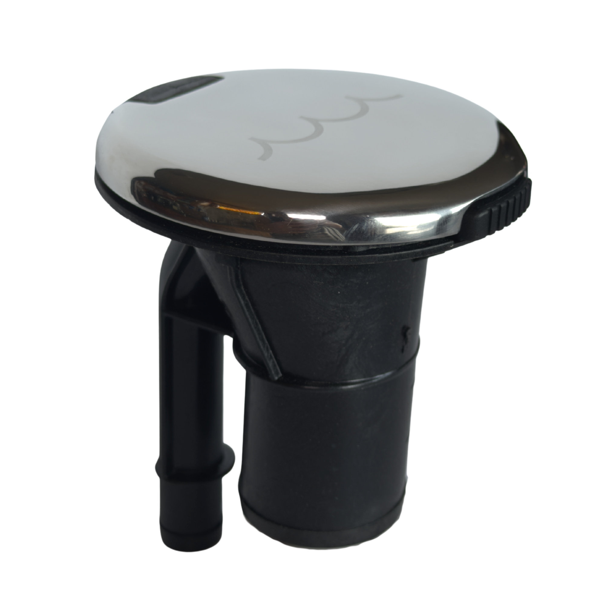 Close-up of a marine deck fill with a metallic top, black handle, and a side switch.