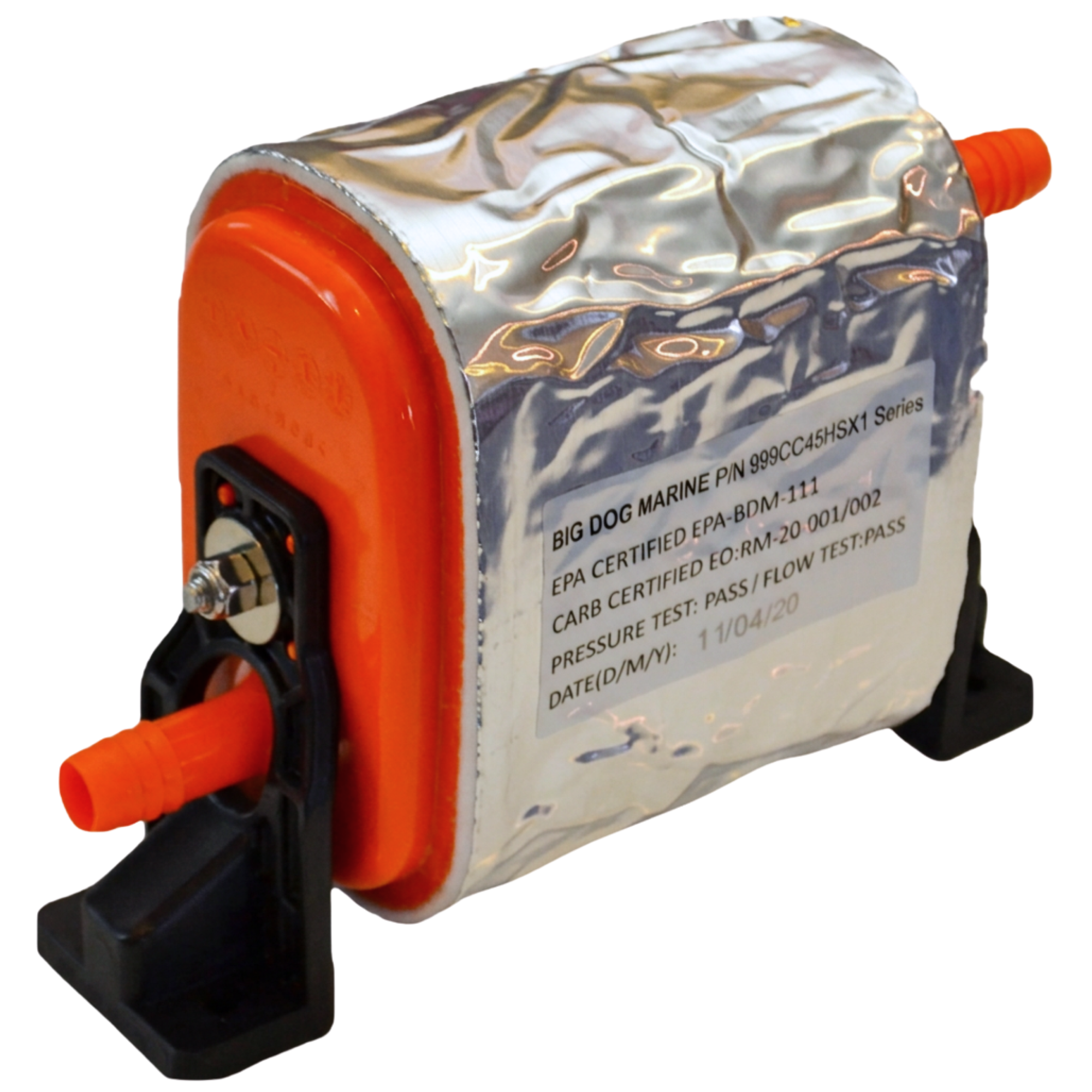 A carbon canister with an orange nozzle and a heat-shielded silver body, mounted on a black base, used for marine purposes.