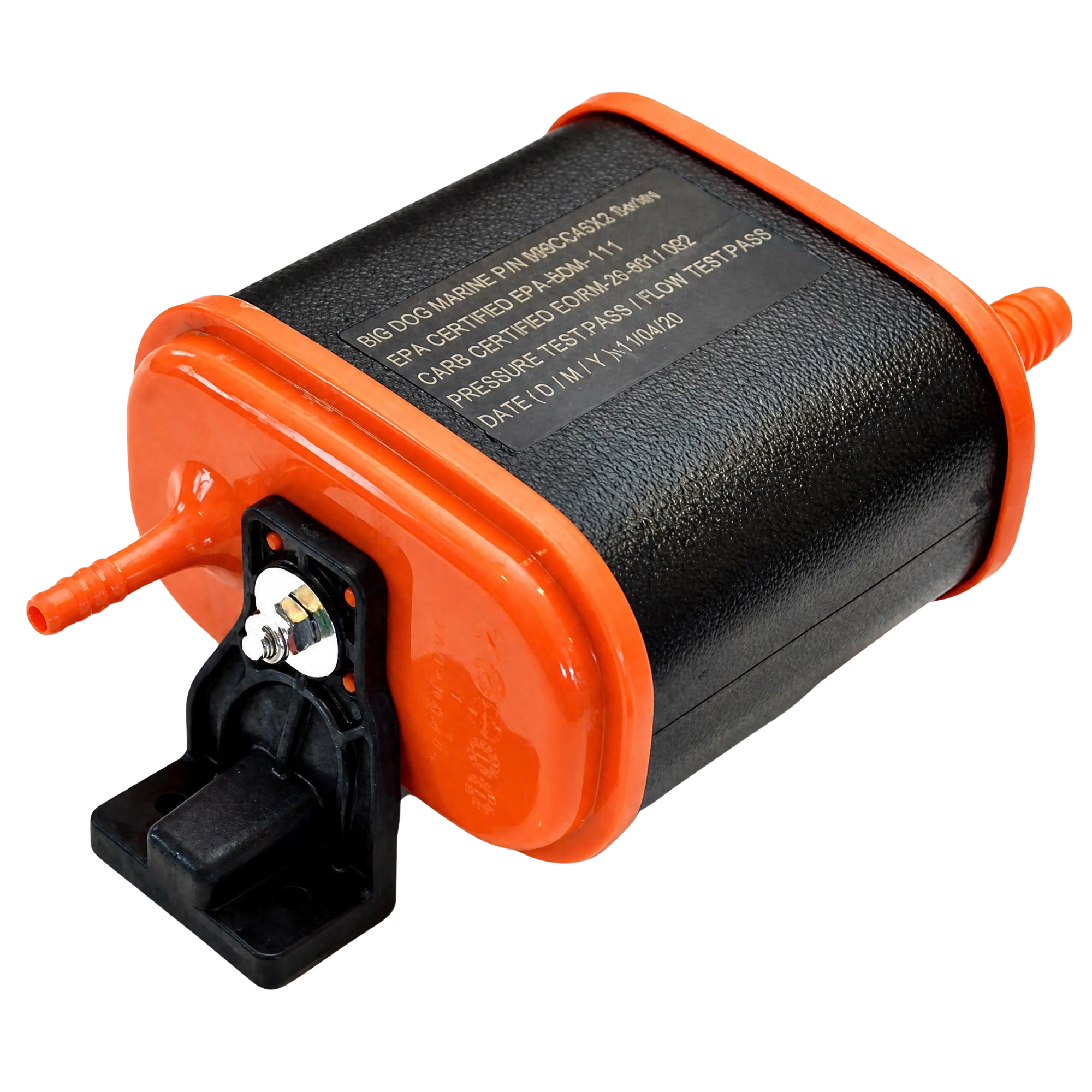 Close-up of a black marine carbon canister with an orange pump and a black gauge, with text indicating certification and testing details.