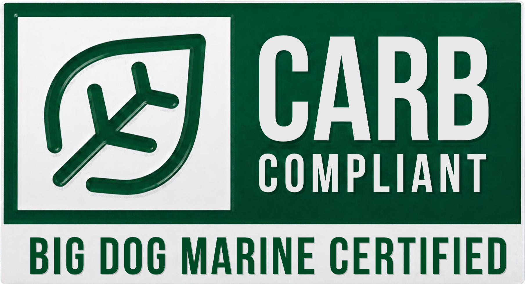 A green and white sign indicating 'CARRY COMPLIANT' with a symbol of a fish inside a shield, and text below stating 'BIG DOG MARINE CERTIFIED'.