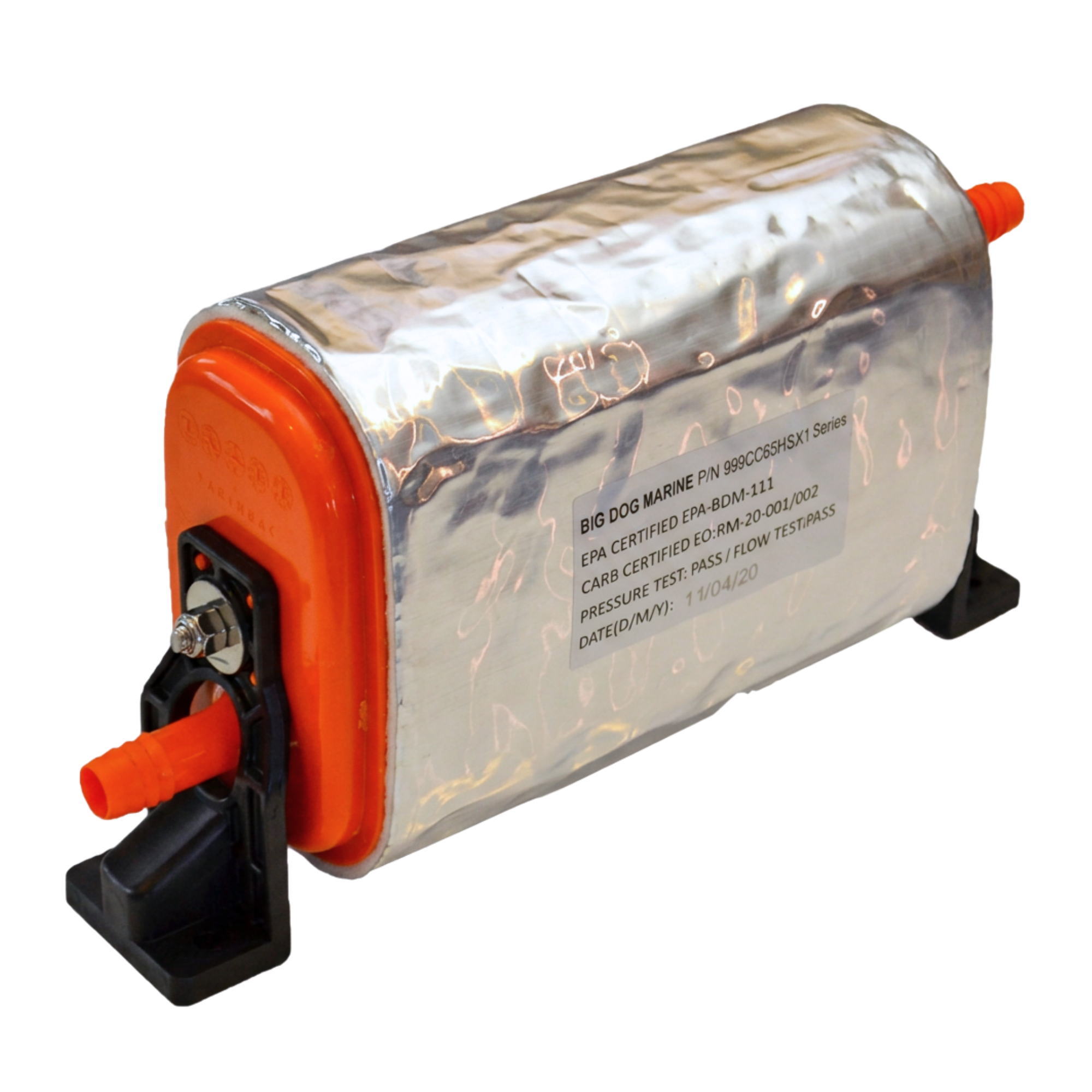 A black and orange marine carbon canister with a sliver heat shield.