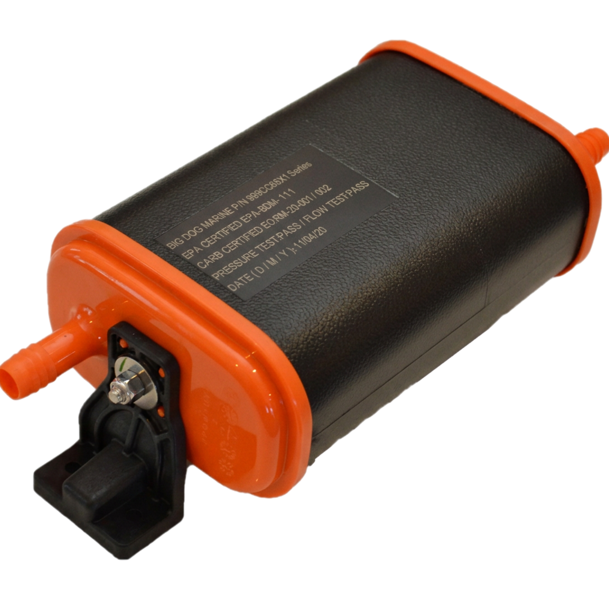 Close-up of a black marine carbon canister with orange accents and a label displaying technical specifications and certification details.