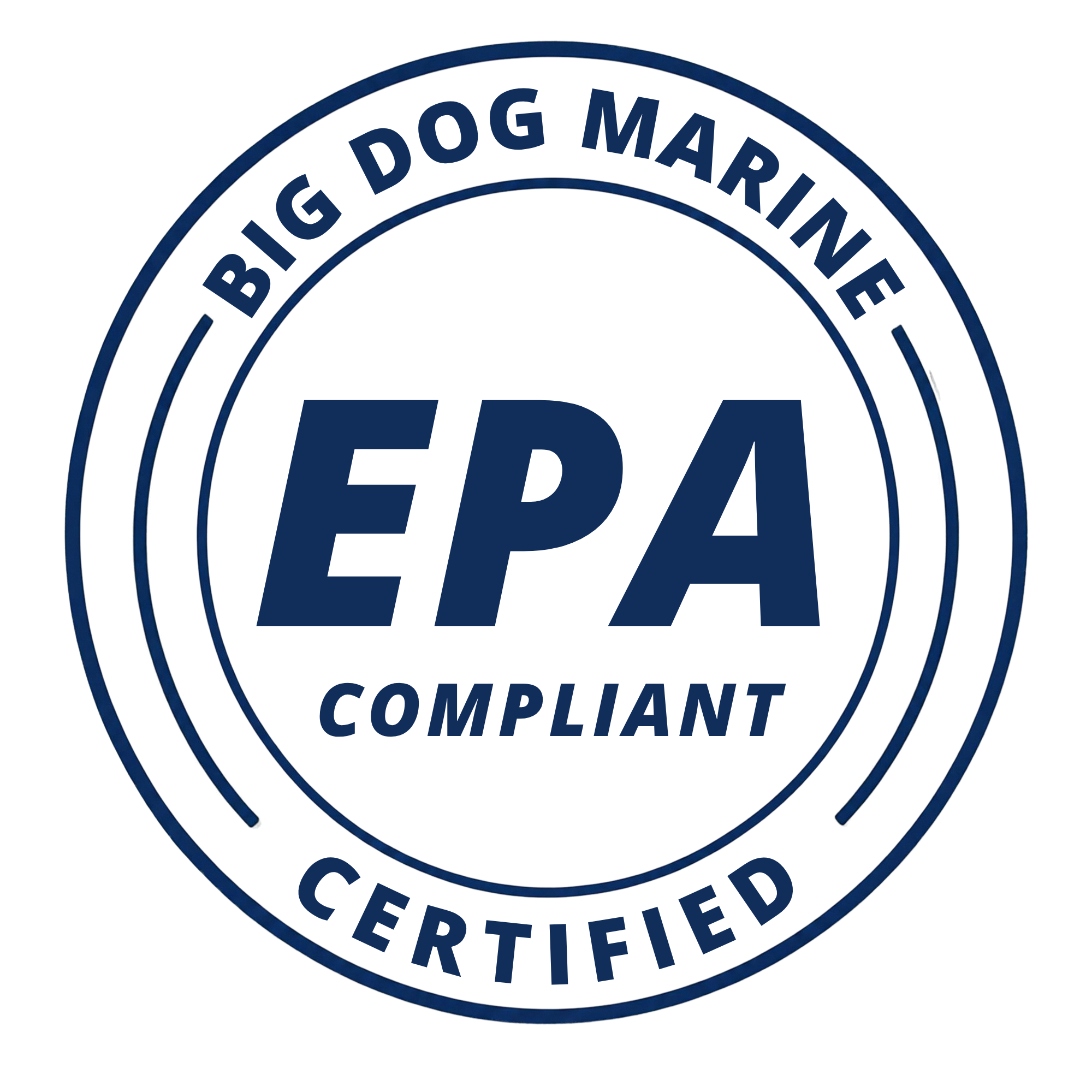 Certification badge with a circular blue border, stating 'BIG DOG MARINE,' 'CERTIFIED,' and 'COMPLIANT'.