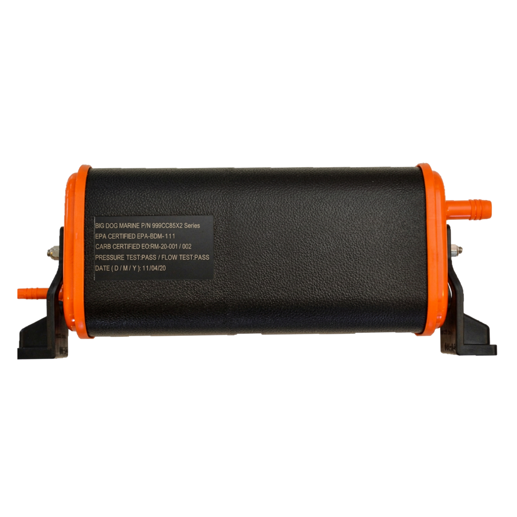 A black and orange marine carbon canister with a label indicating its specifications and certification markings, placed on a black surface.