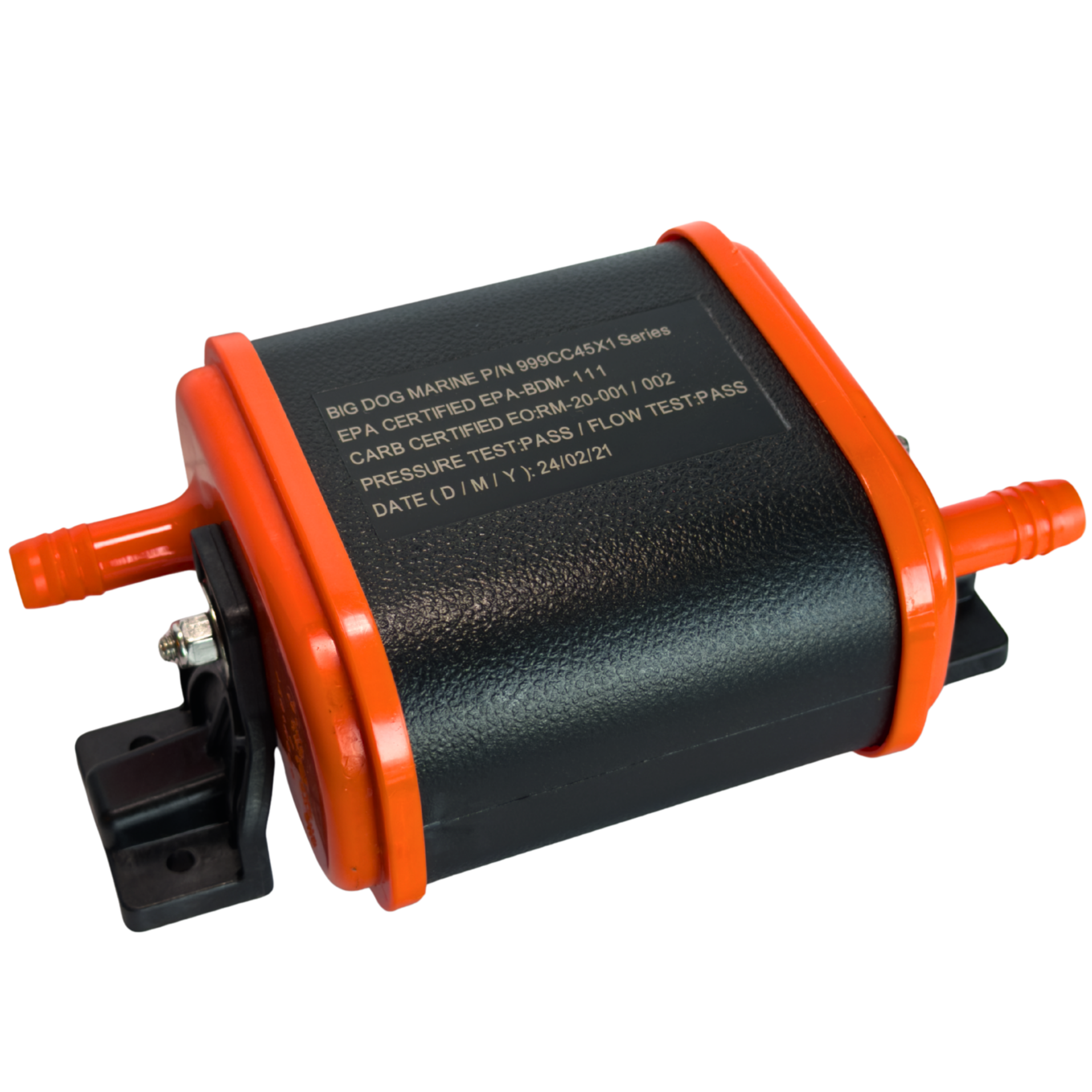 A marine carbon canister with a black and orange exterior, displaying text on its screen related to marine certification, pressure, and date.
