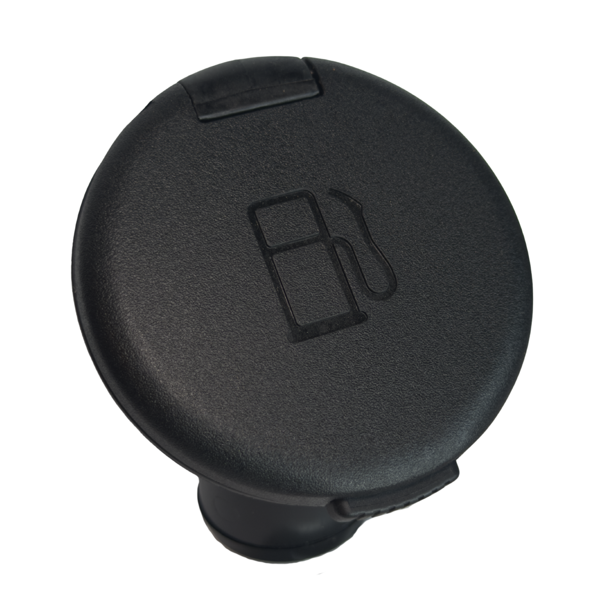 Close-up of a black marine deck fill with engraved gasoline symbol.