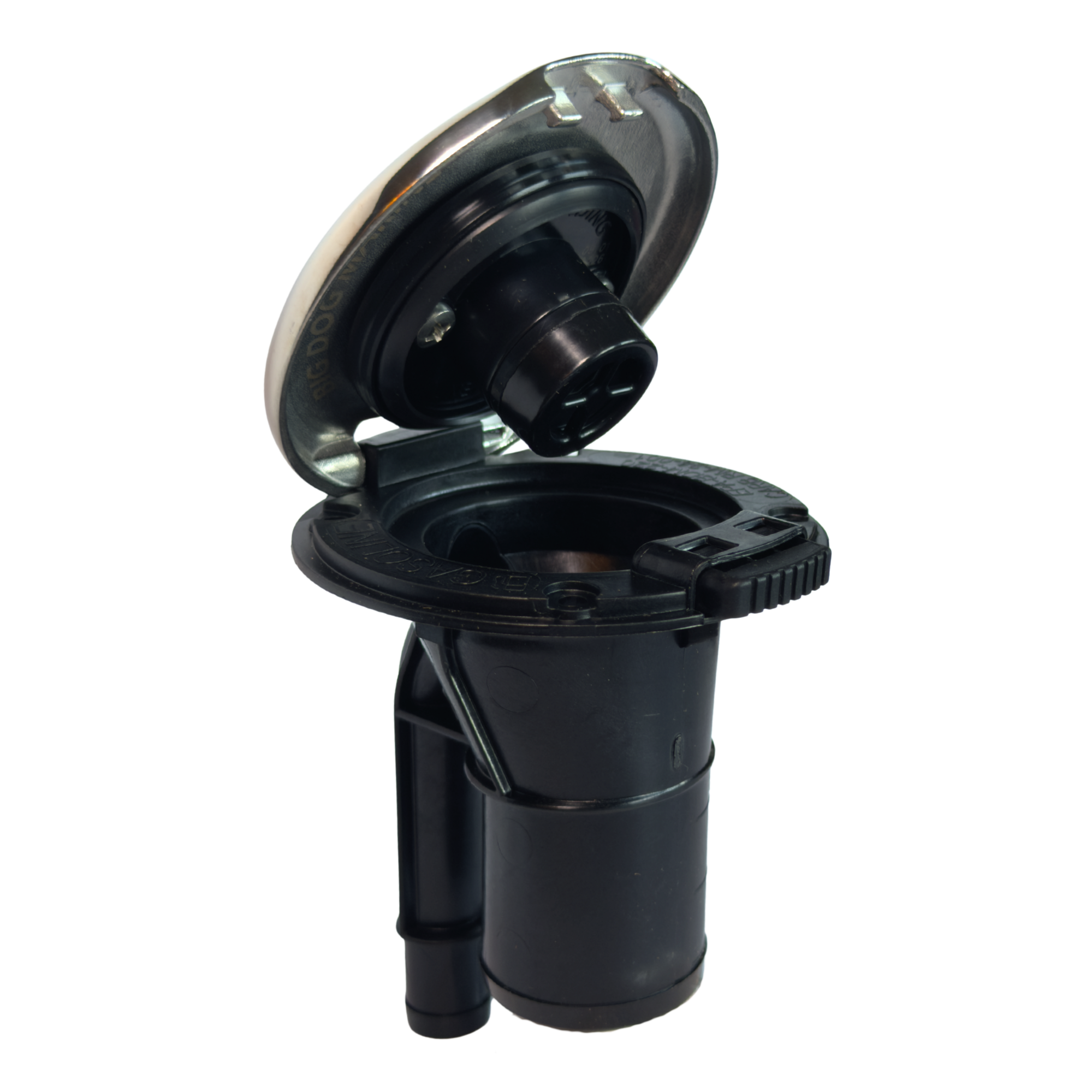Marine deck fill with top opened and black plastic body and metal mounting flange.