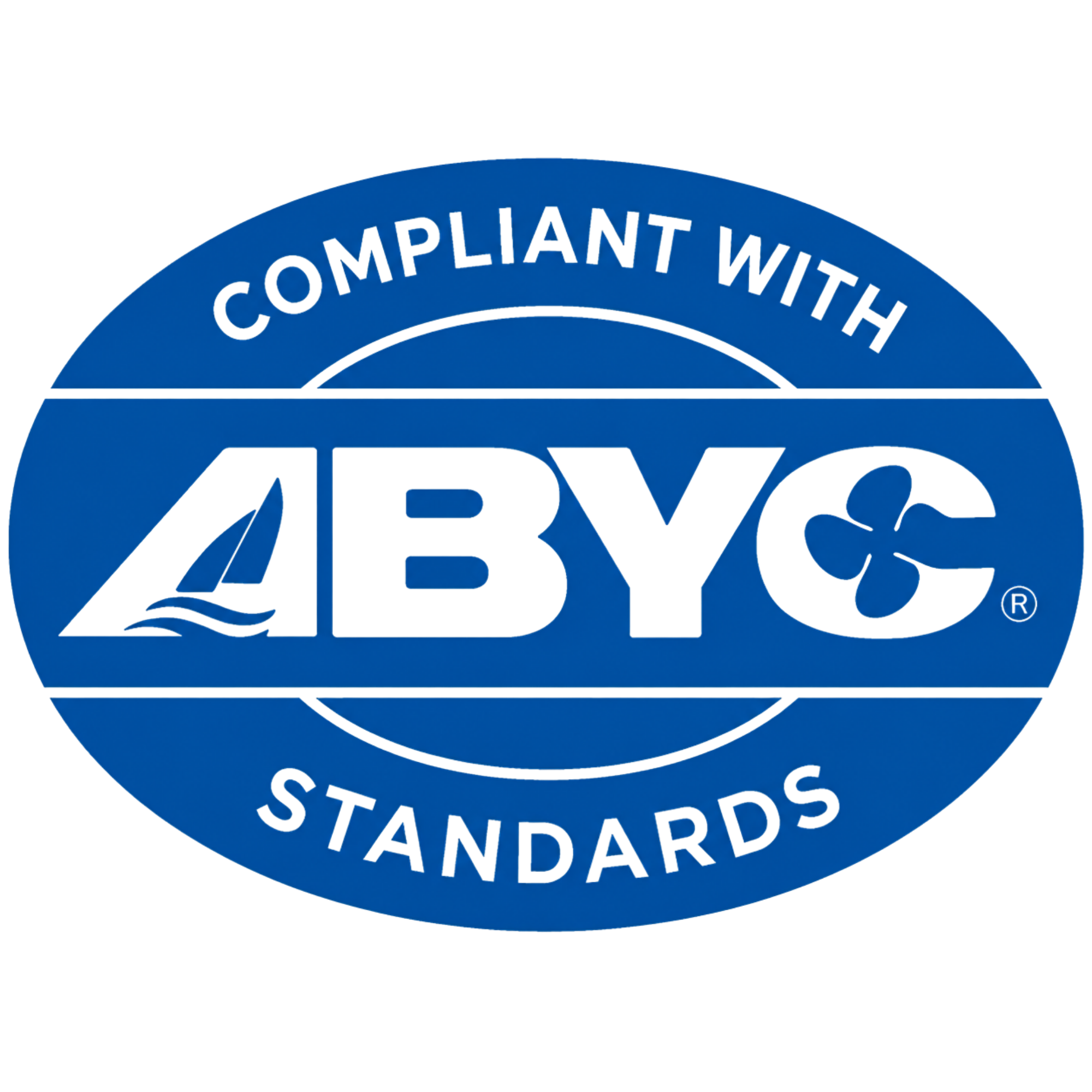 Close-up of a certification badge that reads 'CONPLIANT WITH ASTM STANDARDS' in white text on a blue oval background.