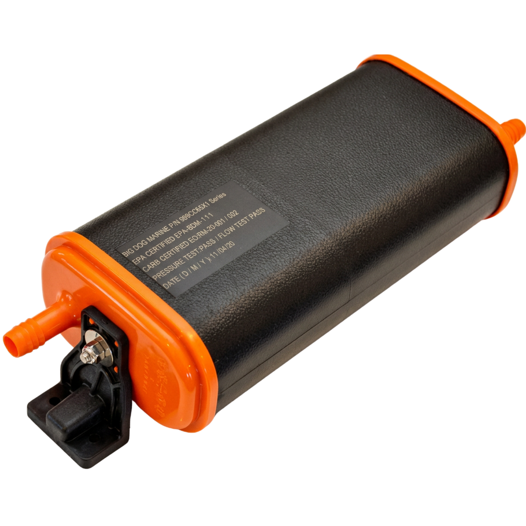 Close-up of a black and orange marine carbon canister with a label containing technical information.