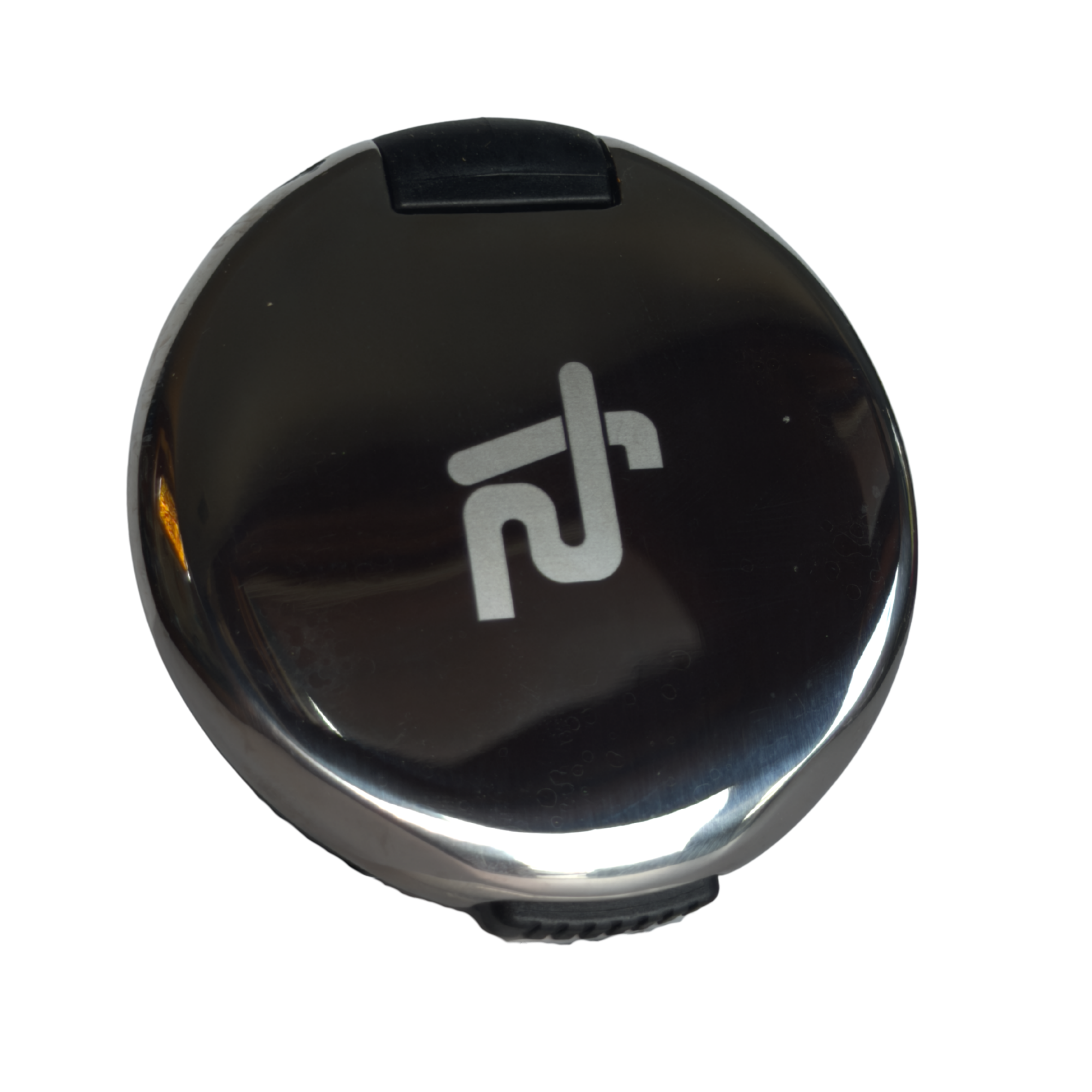 Close-up of a black and silver marine deck fill, with a stainless steel cover and engraved with the waste symbol.