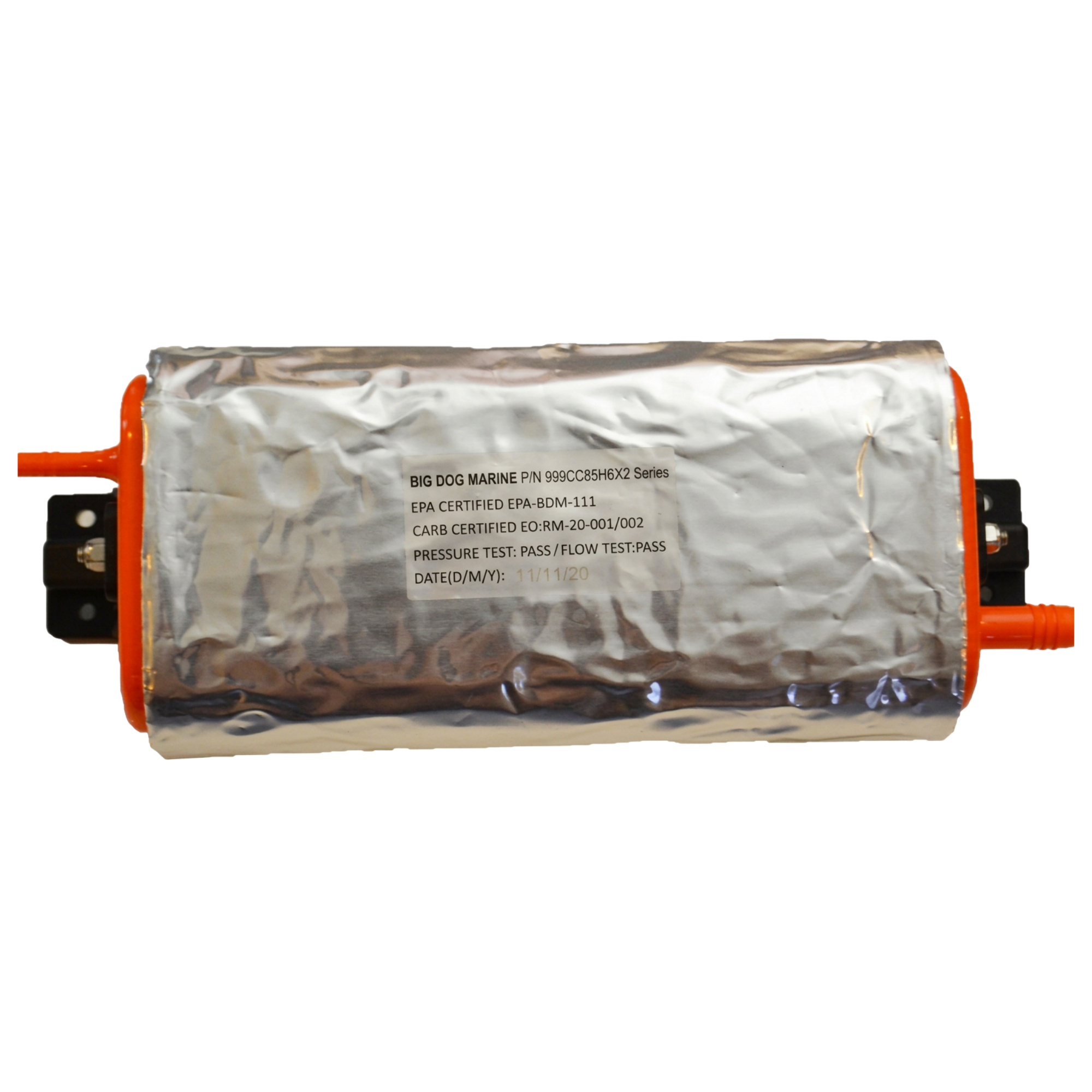 A heat-shielded marine carbon canister labeled 'Big Dog Marine,' with serial number, certification, pressure test, flow test, and date information visible on the wrapper.