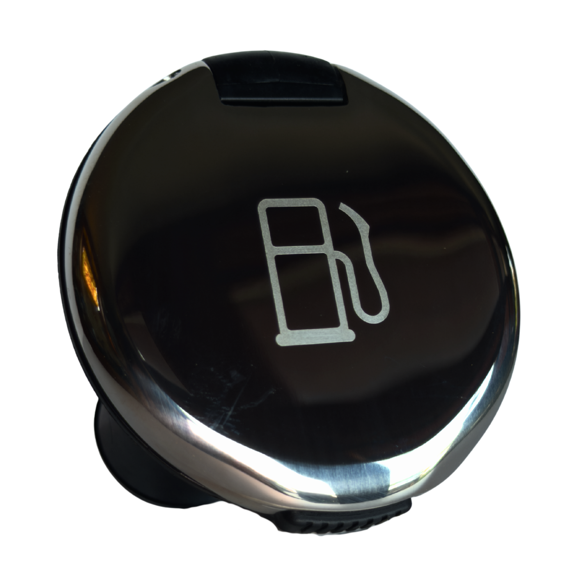 Close-up of a black marine deck fill with silver design, engraved with a gasoline symbol.