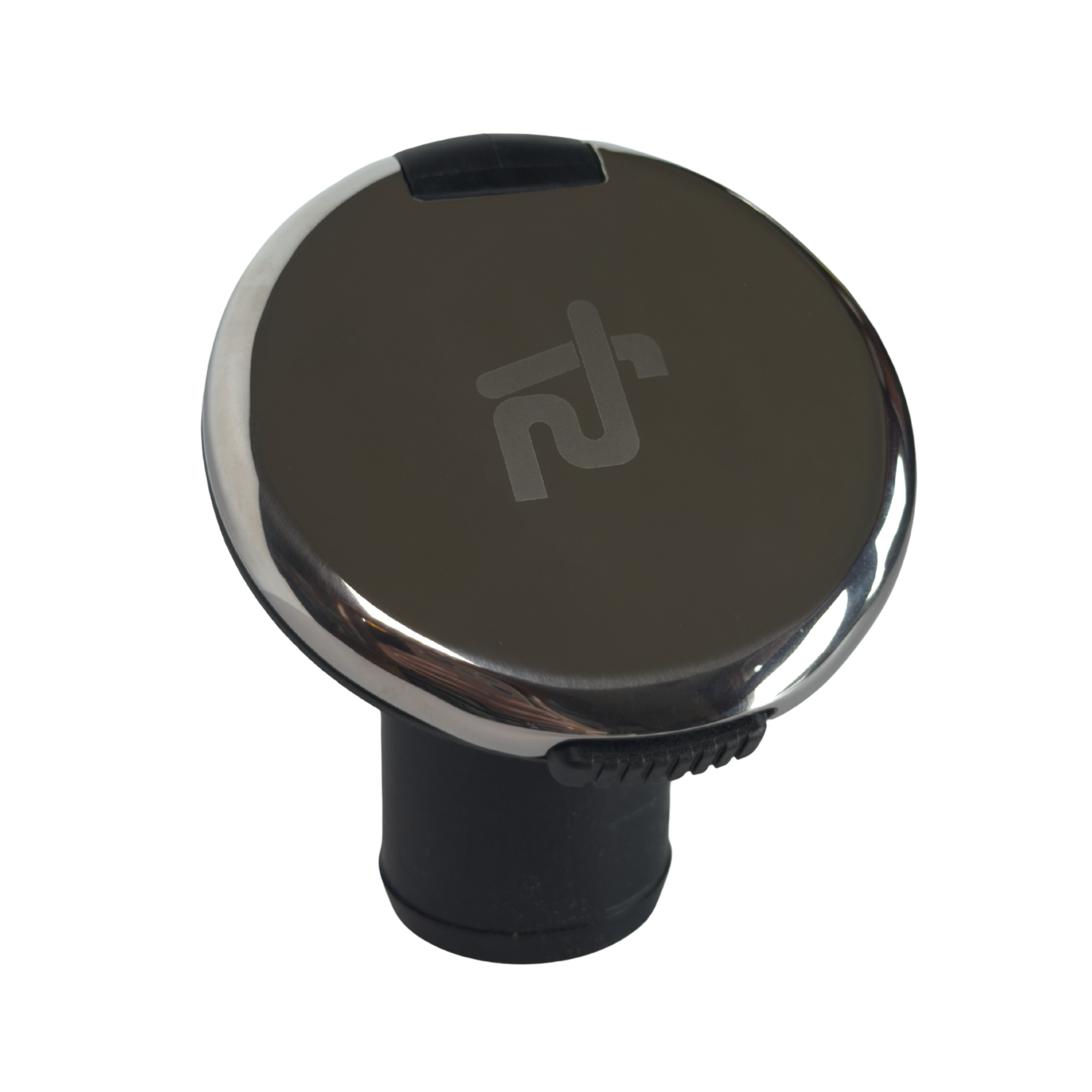 Close-up of a marine deck fill with a sleek black and silver design, engraved with the waste symbol.
