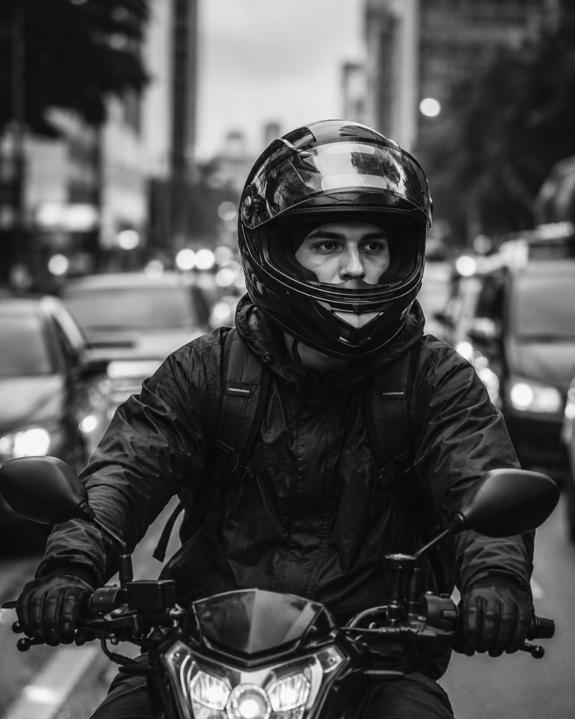 A person wearing a full-face helmet and dark jacket, riding a motorcycle on a city street with cars and buildings in the background.