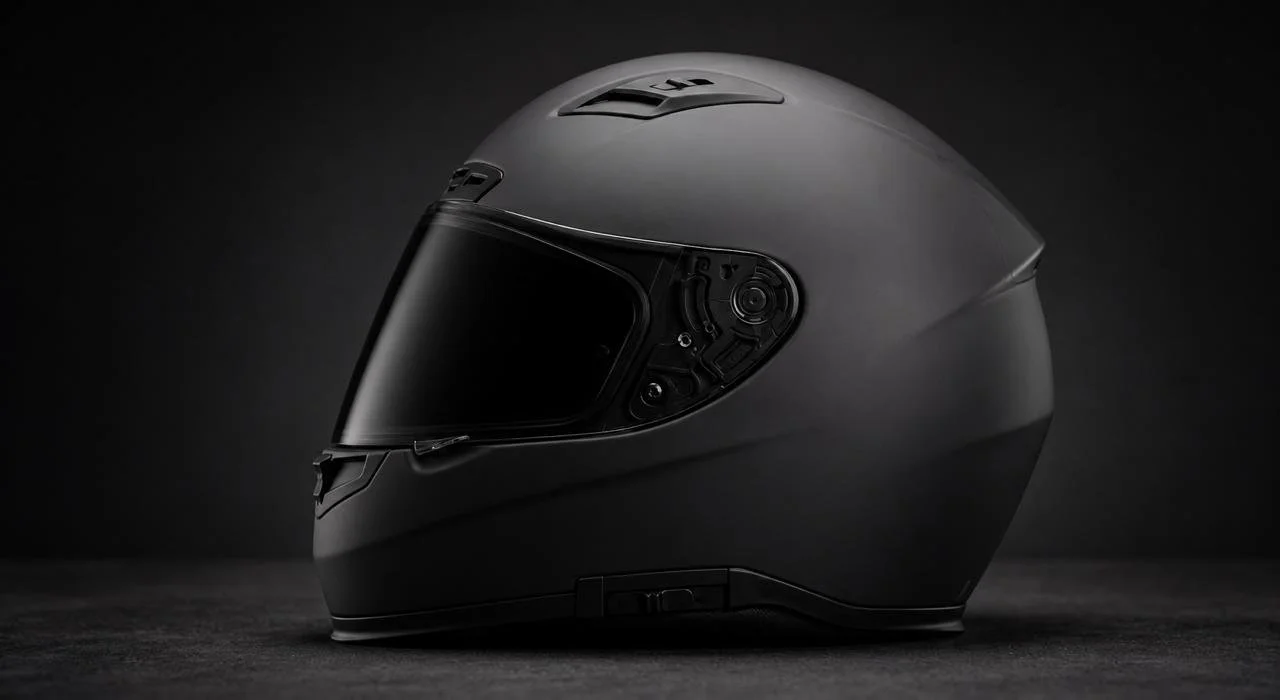 Black motorcycle helmet with tinted visor on a dark surface and background.