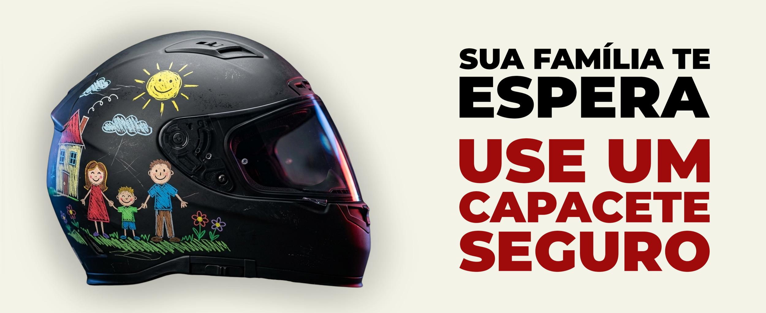 A black motorcycle helmet decorated with colorful childlike drawings of a house, trees, a smiling sun, clouds, and happy children holding hands, next to bold text in Spanish promoting the helmet's safety.