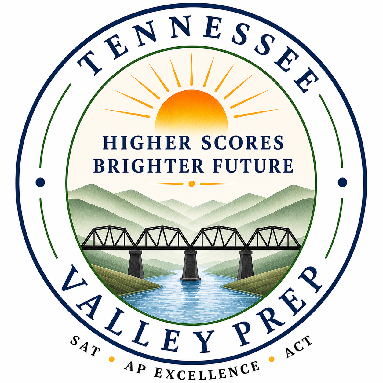 Tennessee Valley Authority badge with a sunset, mountains, a bridge over water, and the Saty, AP Excellence, and Act slogans.