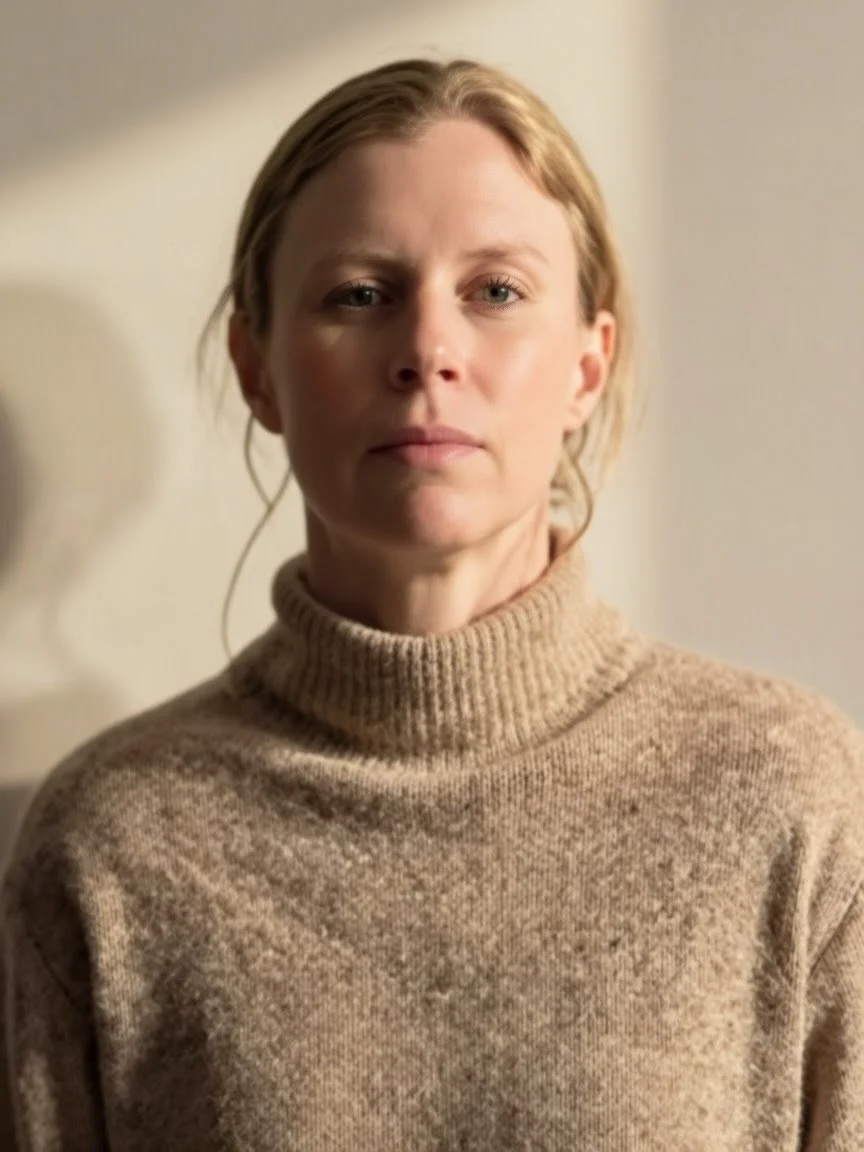 A woman with blonde hair tied back, wearing a beige turtleneck sweater, looking at the camera with a neutral expression.