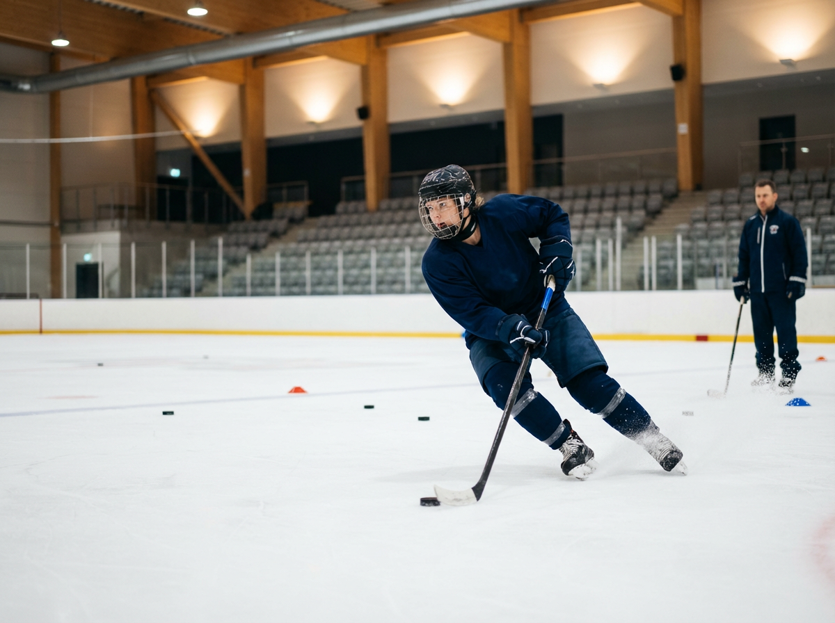 Hockey player practicing on ice rink with coach observing in the background.