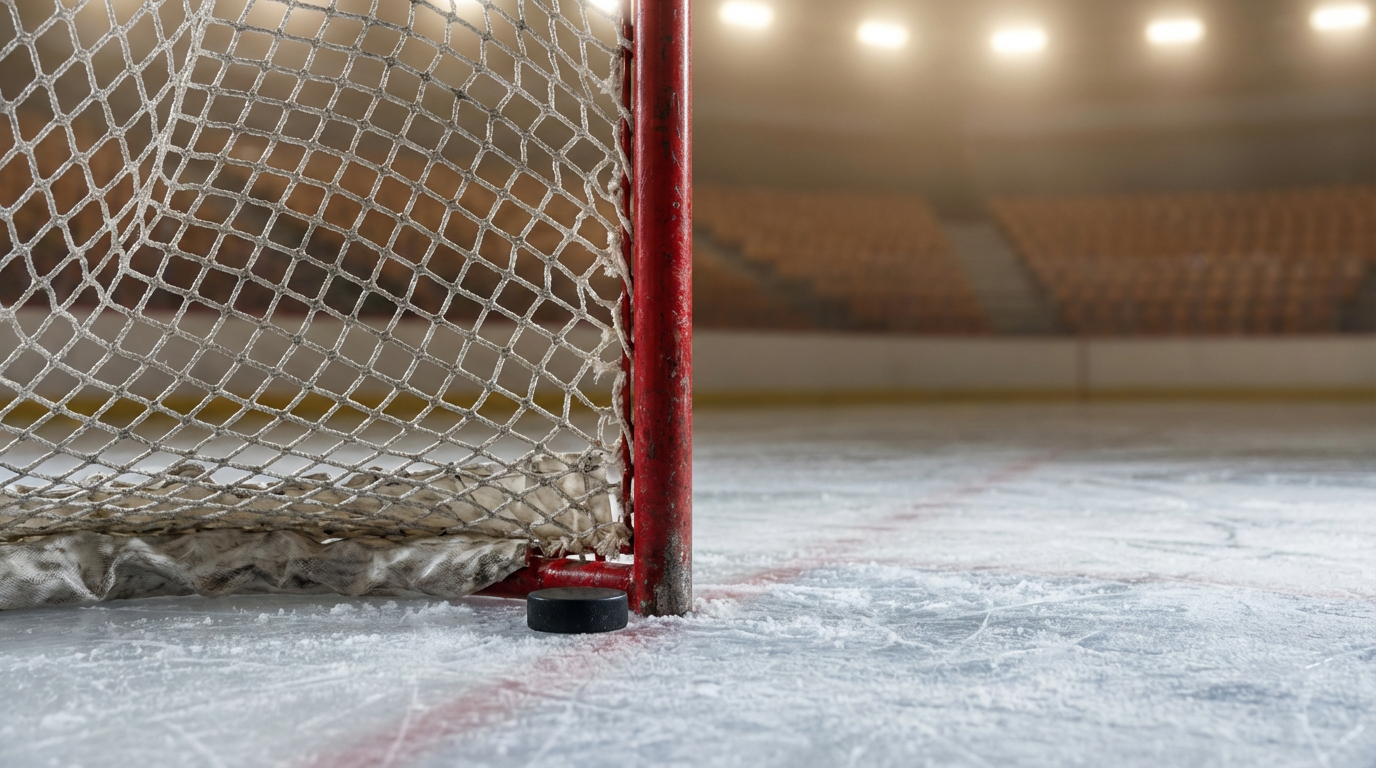 An indoor ice hockey rink with a close-up view of the goalpost and net, with empty spectator seating in the background.