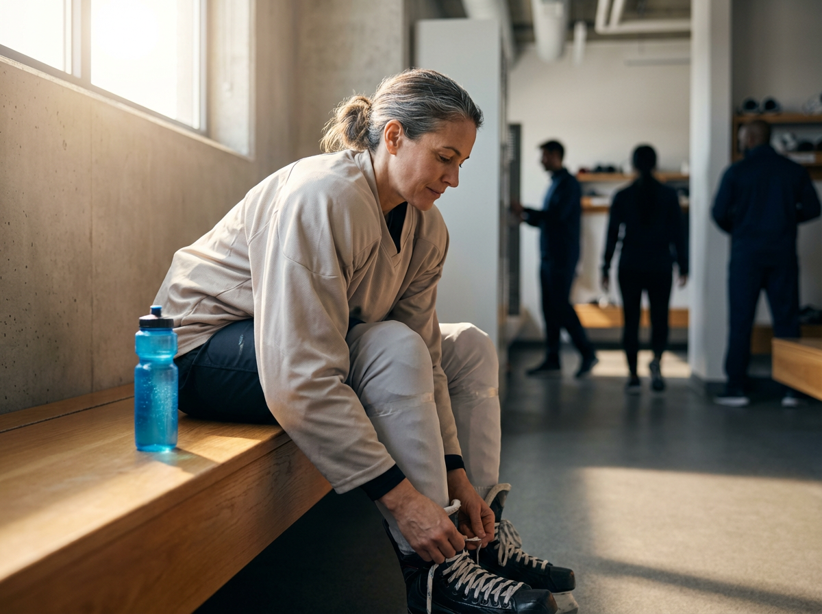A woman in athletic gear tying her shoelaces in a locker room, with a water bottle beside her, while other people are in the background