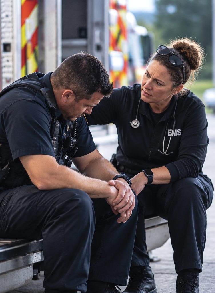 A female EMS responder providing one-on-one crisis support to a male police officer seated beside an emergency vehicle.