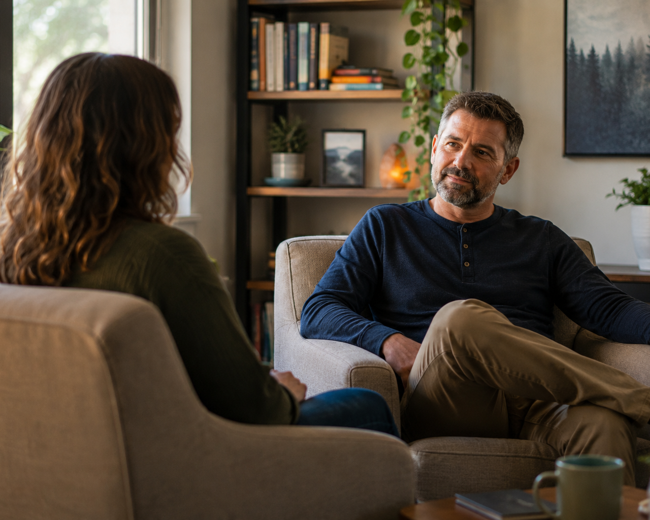 A man and a woman sitting in a cozy living room having a conversation. The man has gray hair and beard, wearing a dark blue shirt and beige pants. The woman has brown, curly hair, wearing a green sweater. There are bookshelves, framed pictures, indoor plants, and a window with daylight in the background.