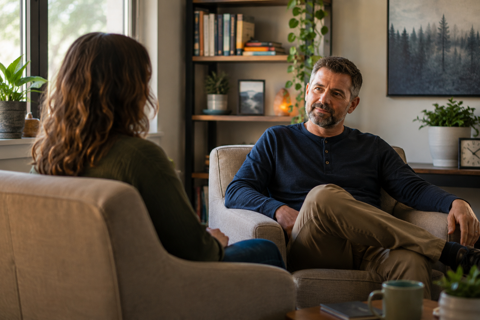 A man and a woman sitting on sofas in a cozy living room, having a conversation. The man has a beard, is wearing a navy blue shirt and khaki pants, and is looking at the woman. The woman has curly brown hair and is wearing a dark green sweater. There are houseplants, books, and a framed picture on the shelves behind them, with a window letting in natural light.