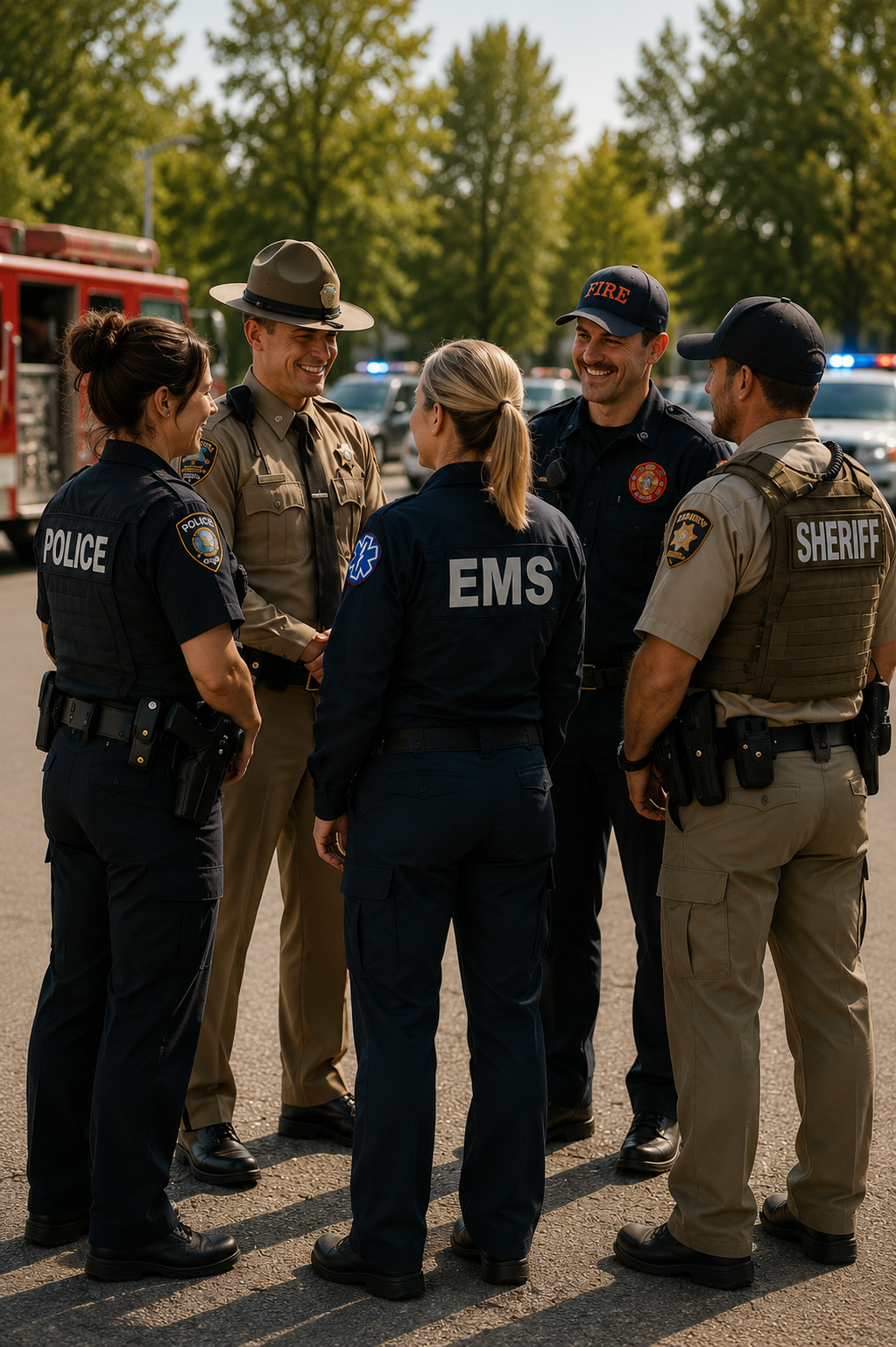 Group of emergency responders, including police, fire, EMS, and sheriff personnel, standing together and smiling outdoors.