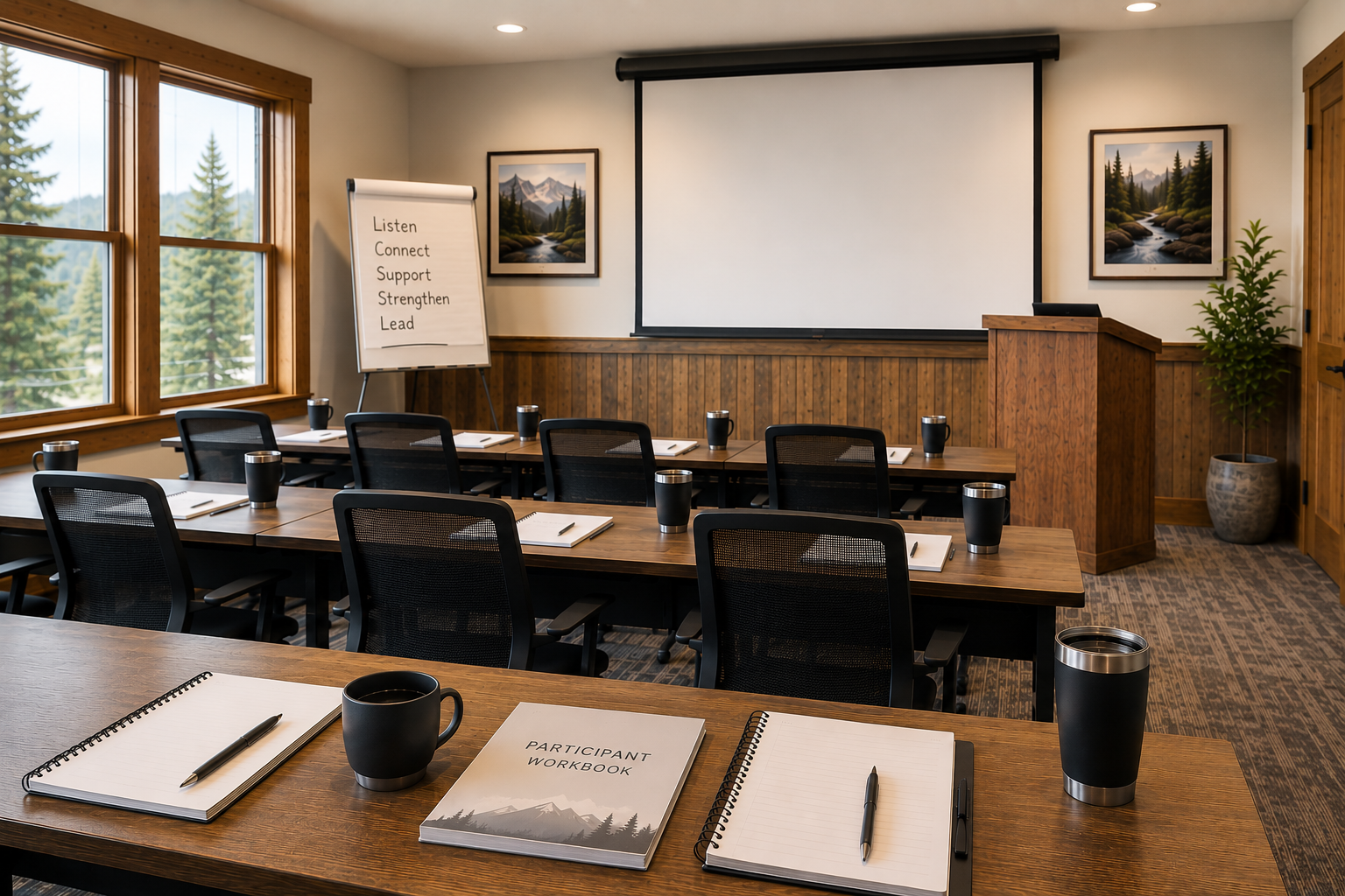 A conference room with wooden walls and large windows showing a view of trees outside. There are black chairs, a long wooden table set with notebooks, pens, and black tumblers. A white screen is on the wall, with a flip chart nearby displaying the words "Listen, Connect, Support, Strengthen, Lead." There is a podium, framed landscape paintings, and a potted plant in the room.