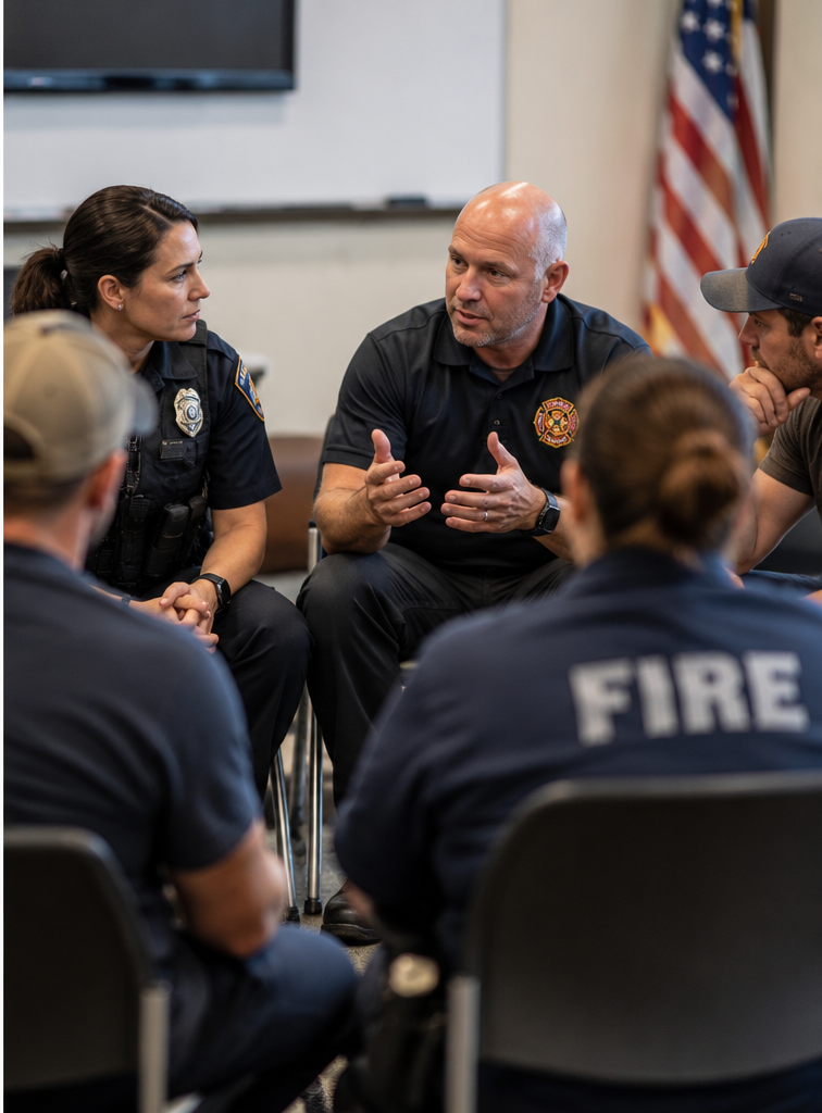 Police officers and firefighters participating in a group discussion during a first responder crisis intervention training session.